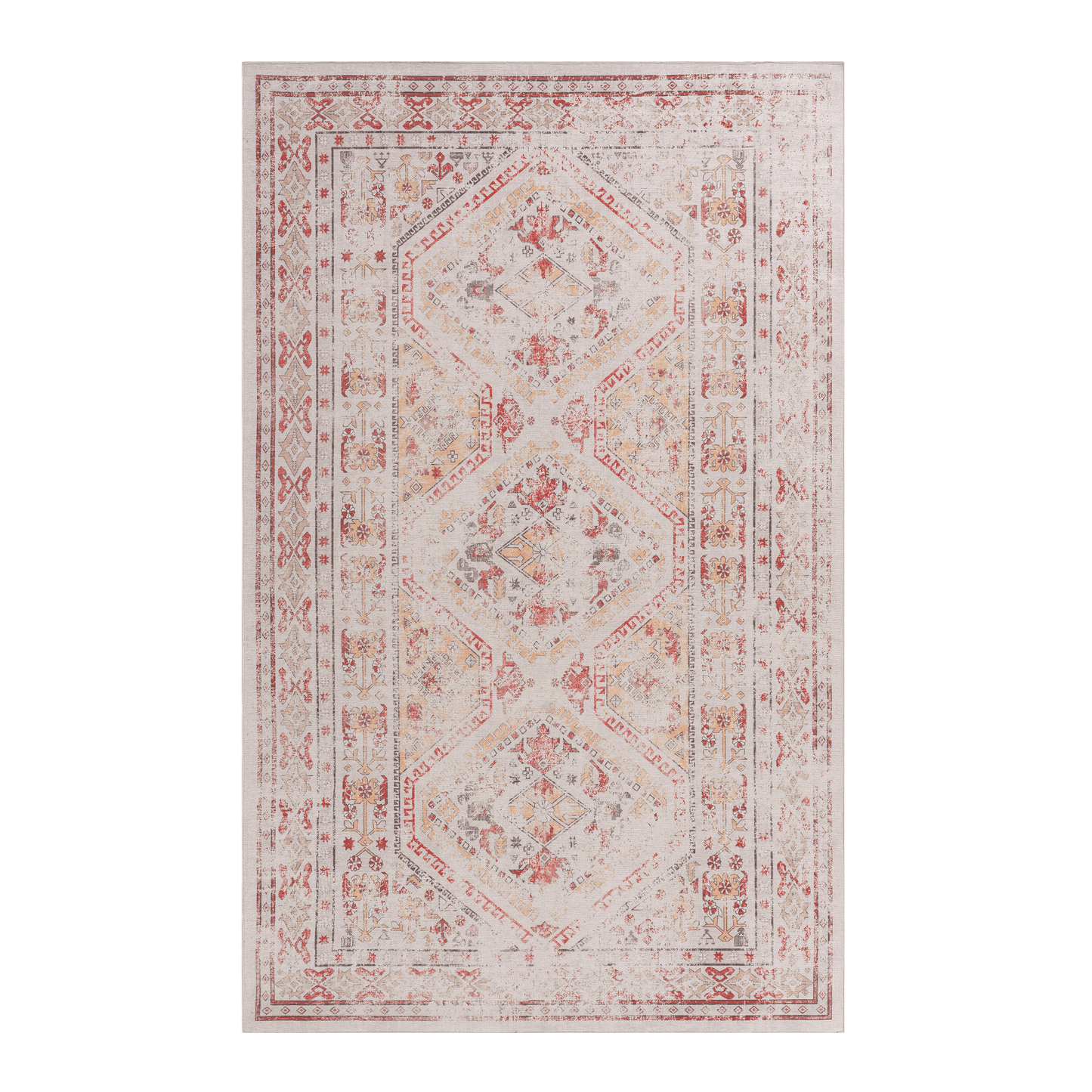 Distressed vintage oriental rug with cream red and gold geometric patterns