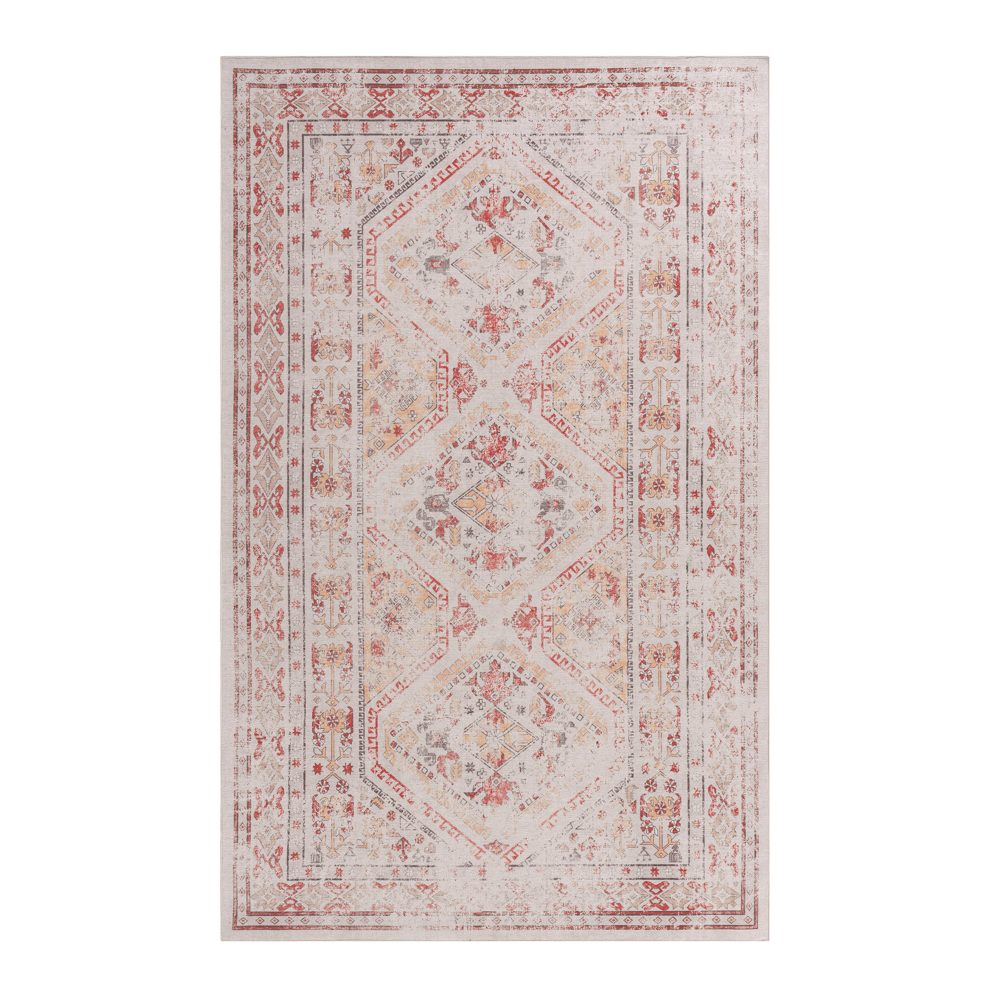 Distressed vintage oriental rug with cream red and gold geometric patterns