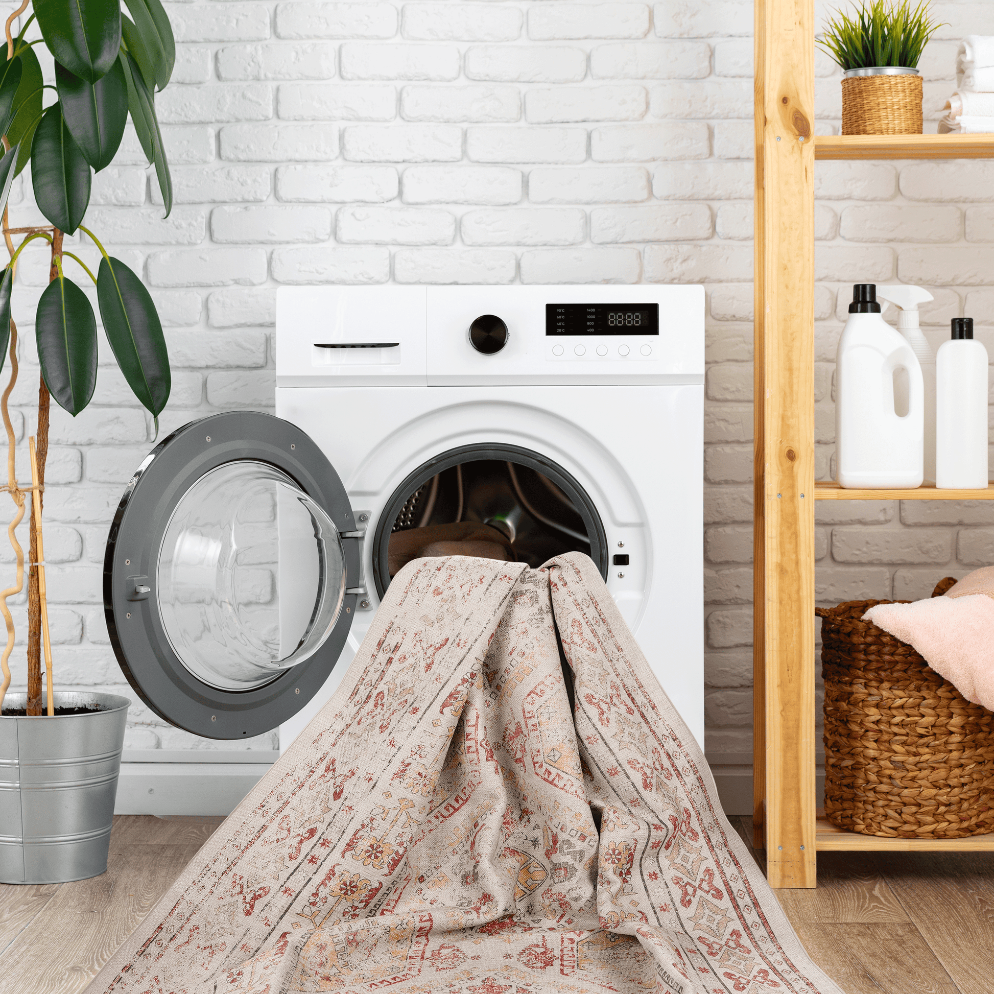 Beige oriental rug with intricate red and yellow patterns draped over a washing machine door