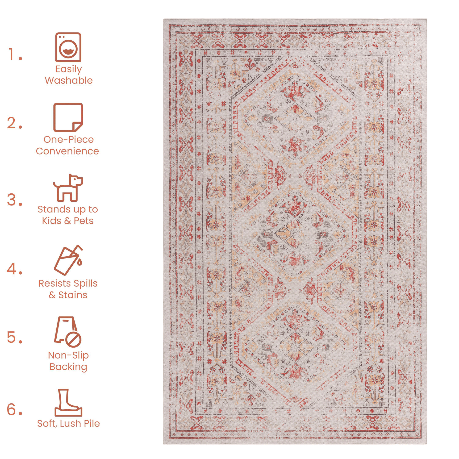 Vintage Persianinspired area rug with a distressed red and cream pattern
