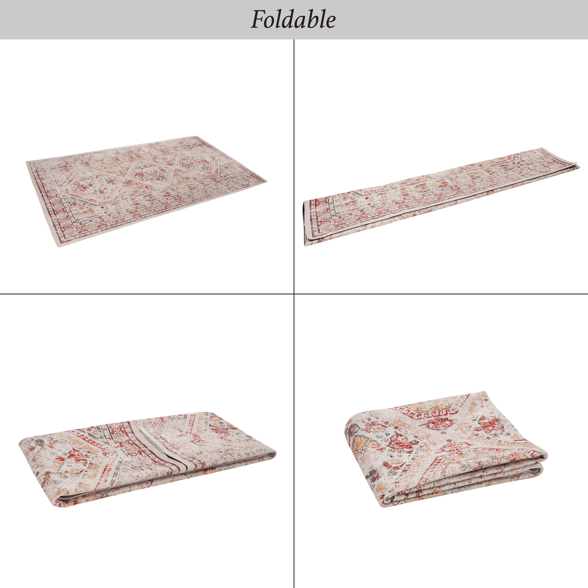 Ornate beige rug with red and gold patterns perfect for living room decor