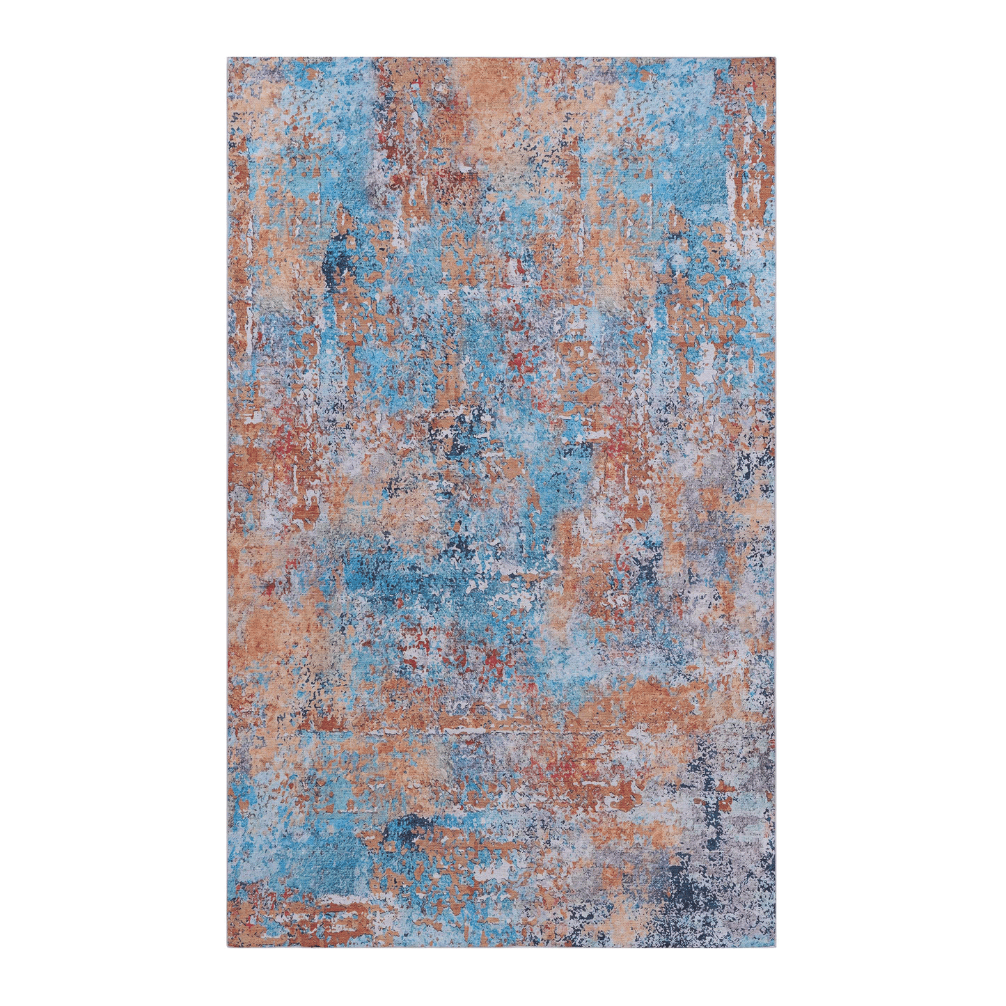 Abstract blue and rust textured modern rug with distressed design for living room