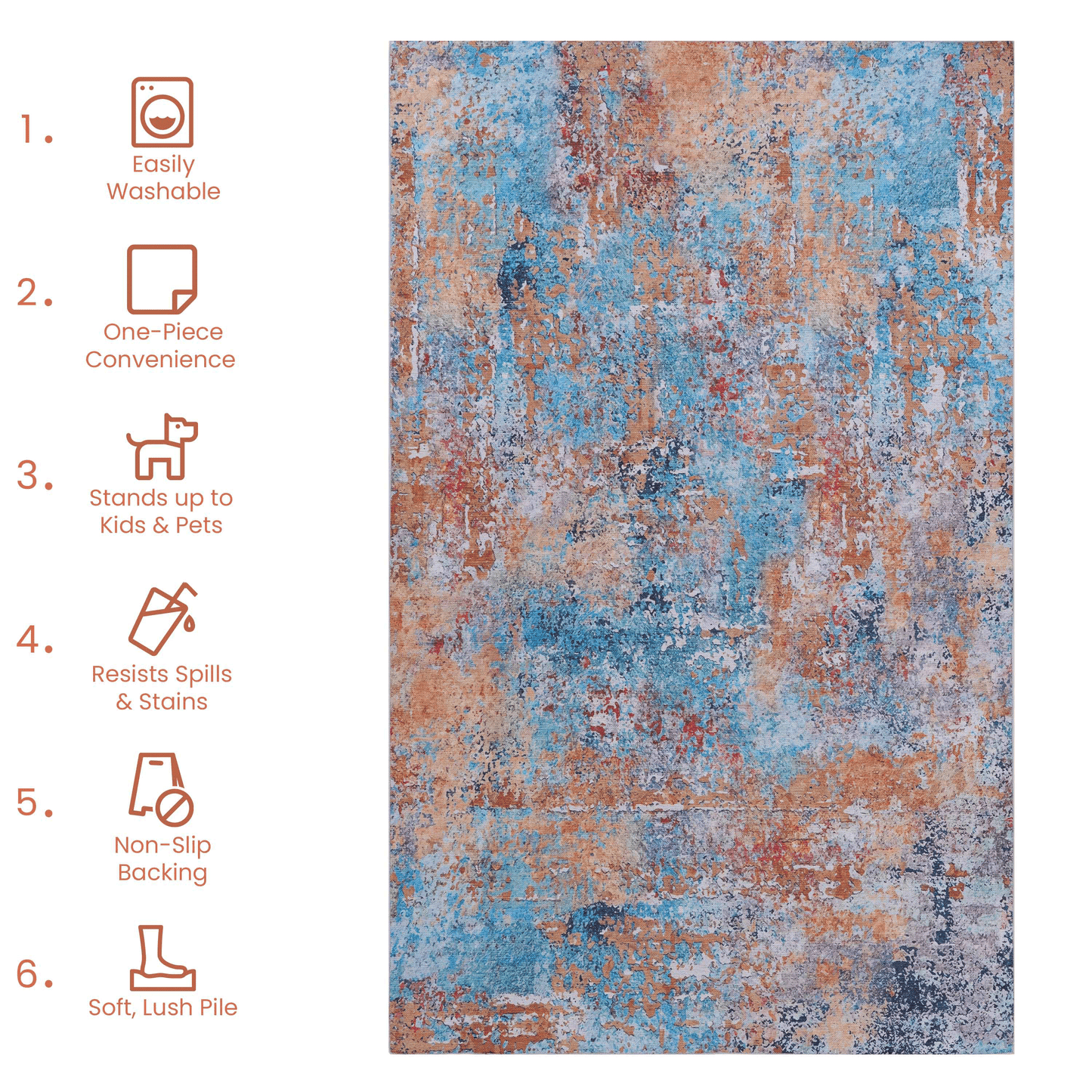 Abstract patterned rug with distressed blue orange and red hues