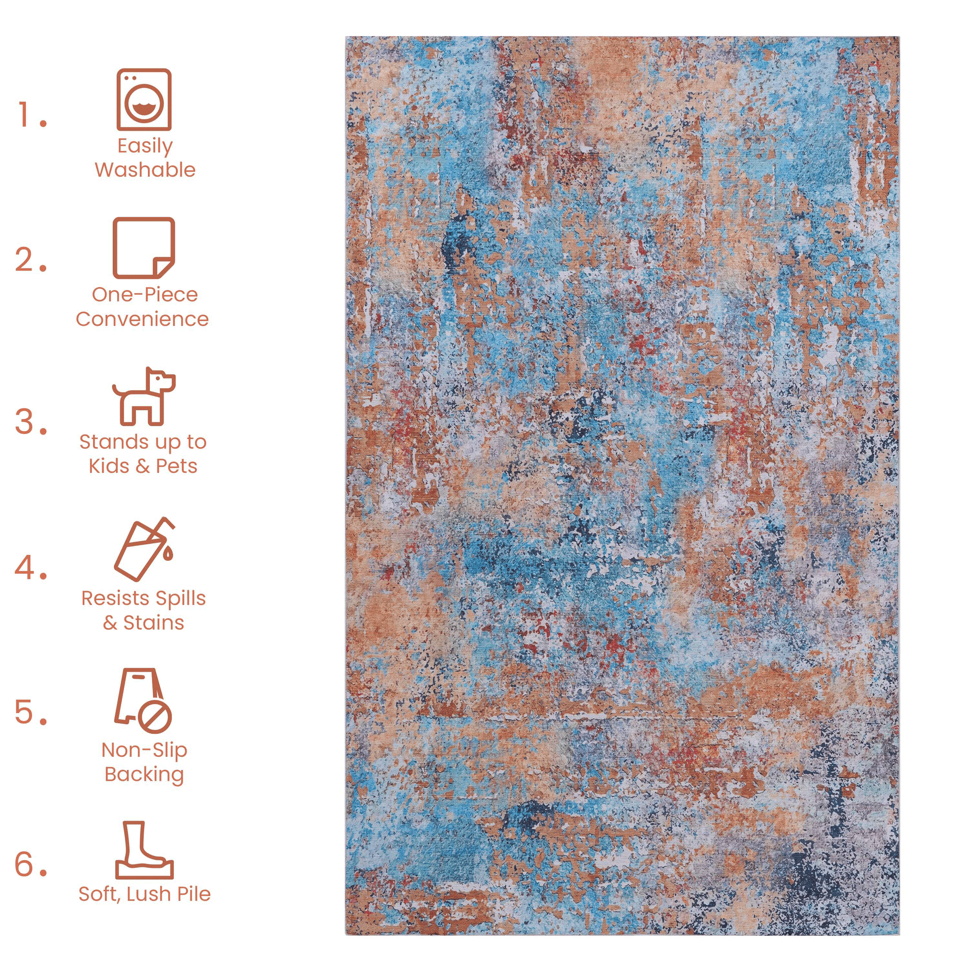 Abstract patterned rug with distressed blue orange and red hues