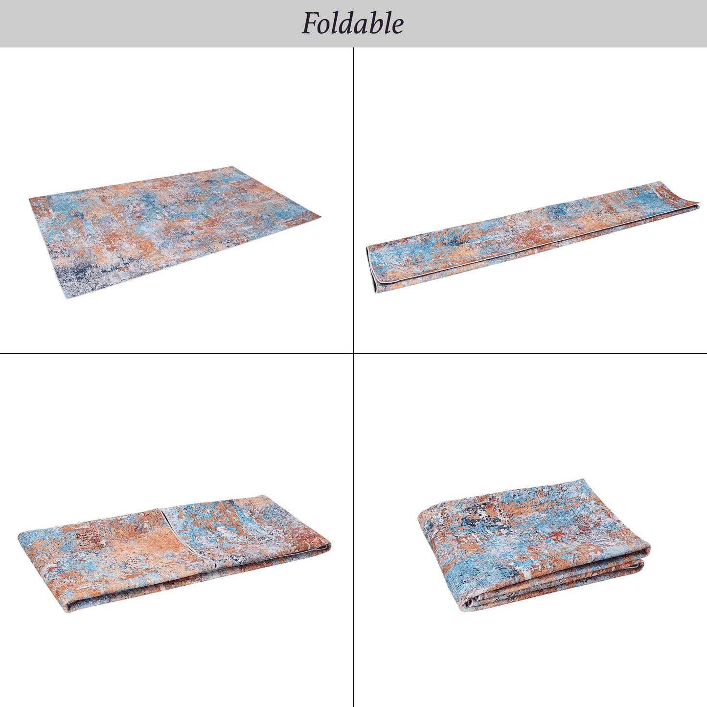 Abstractpatterned washable rug in blue and terracotta hues