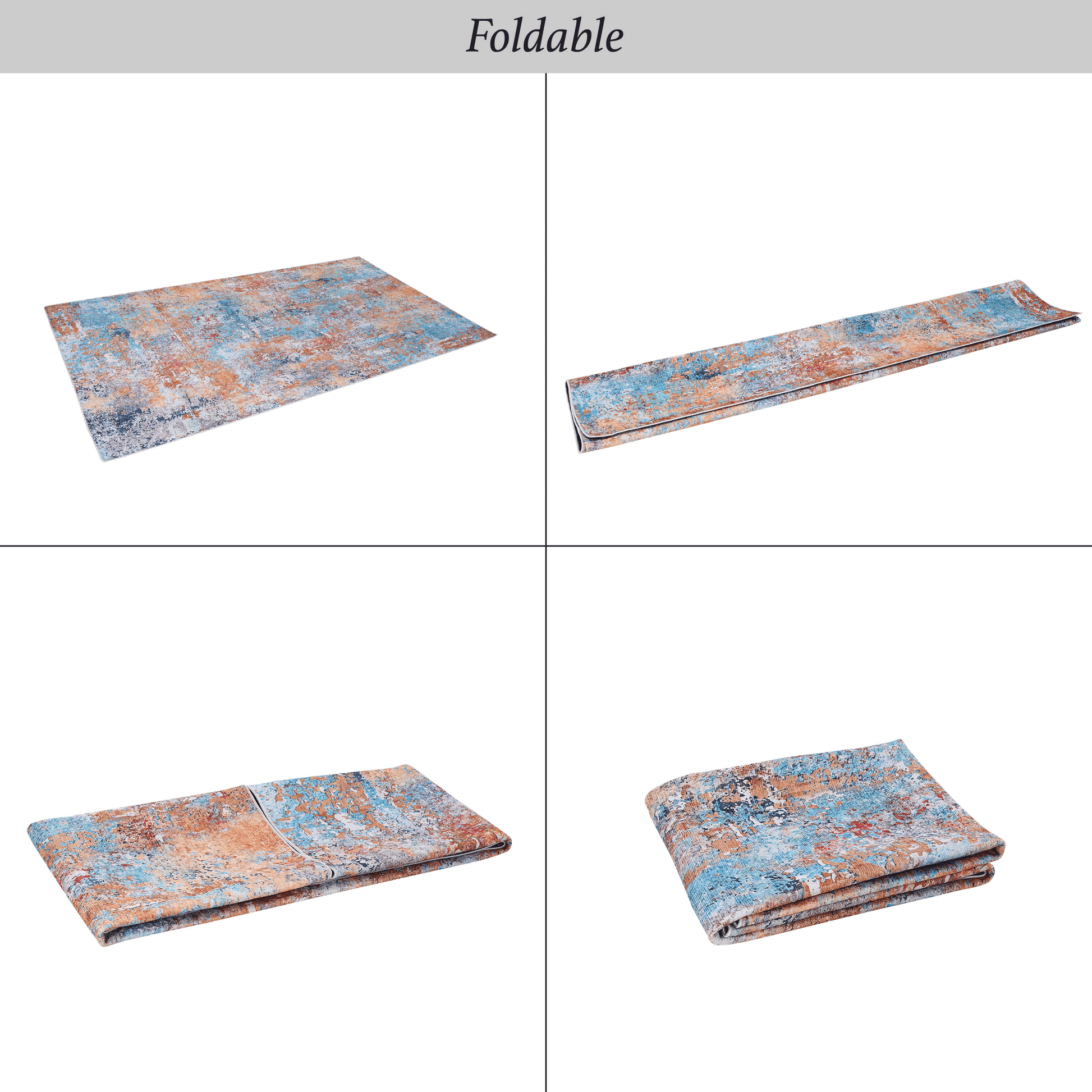 Abstractpatterned washable rug in blue and terracotta hues