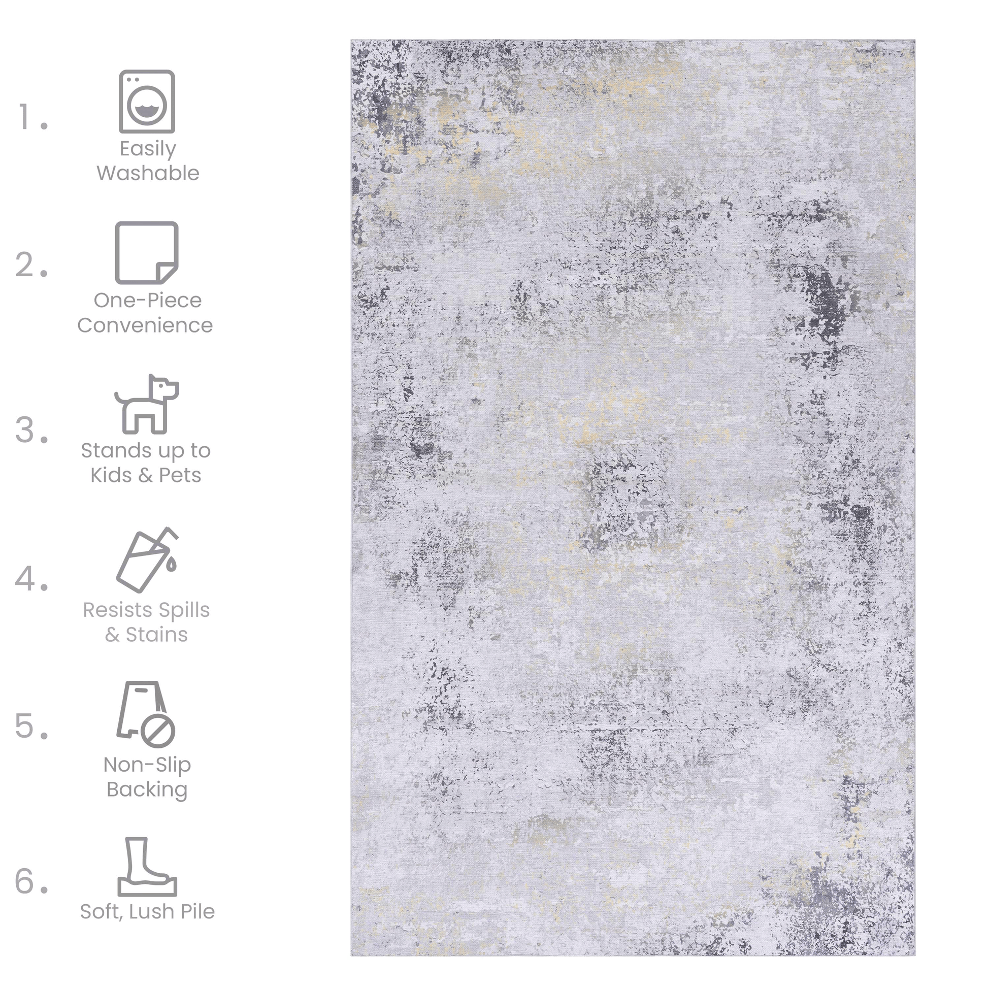 Abstract grey and gold area rug with a distressed texture and plush pile