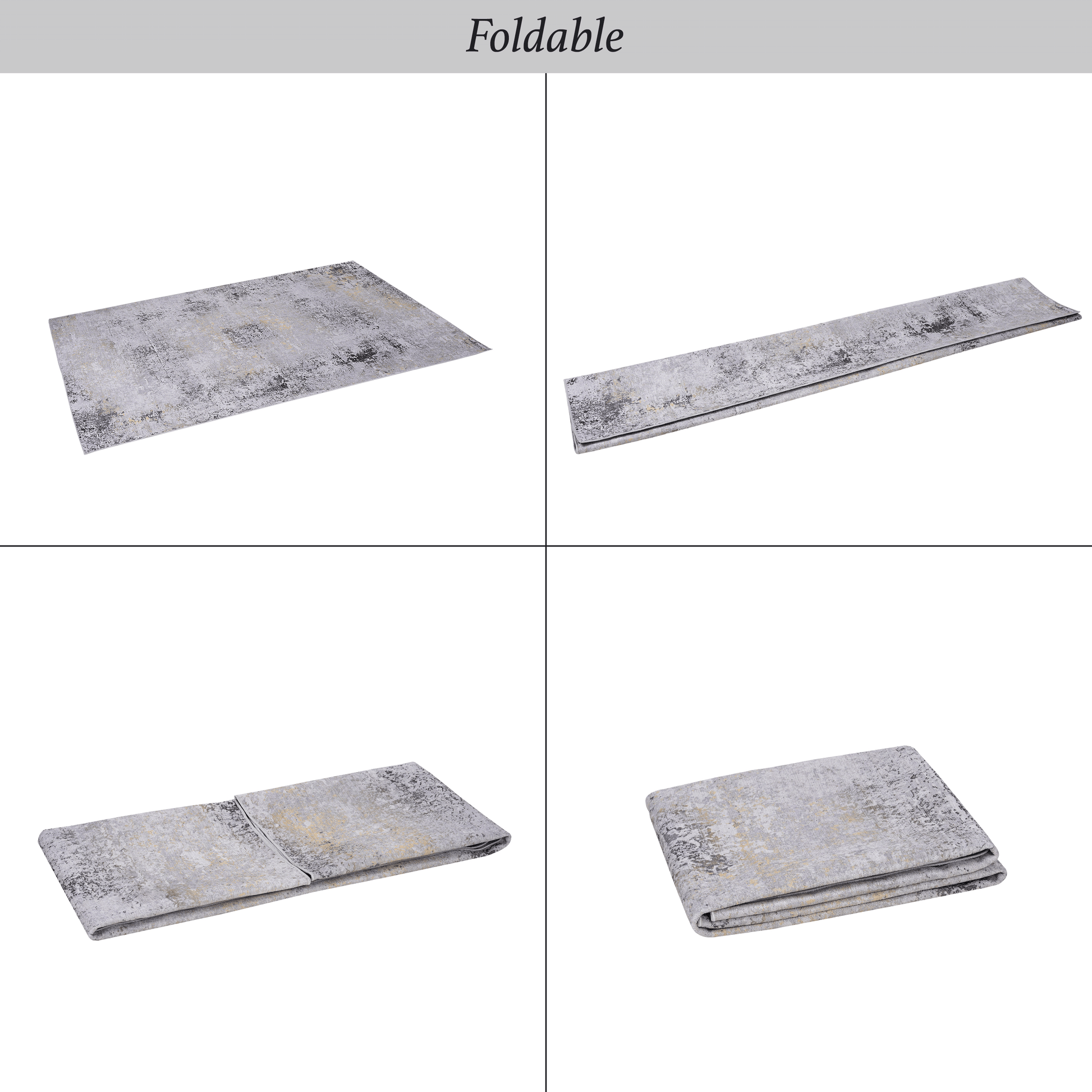 Grey abstract pattern area rug folded neatly to show its compact size