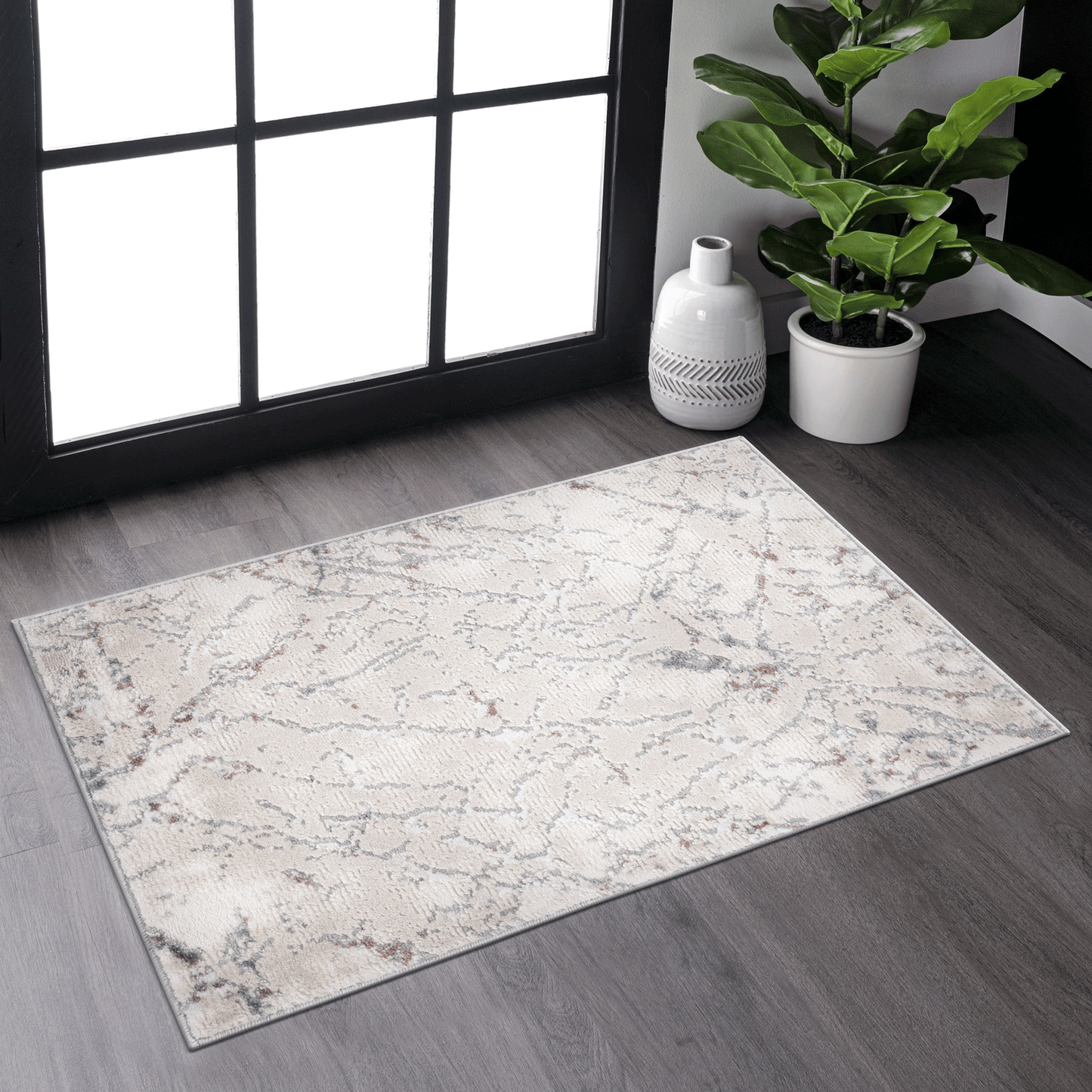 Abstract beige area rug with subtle grey and rust accents for living rooms