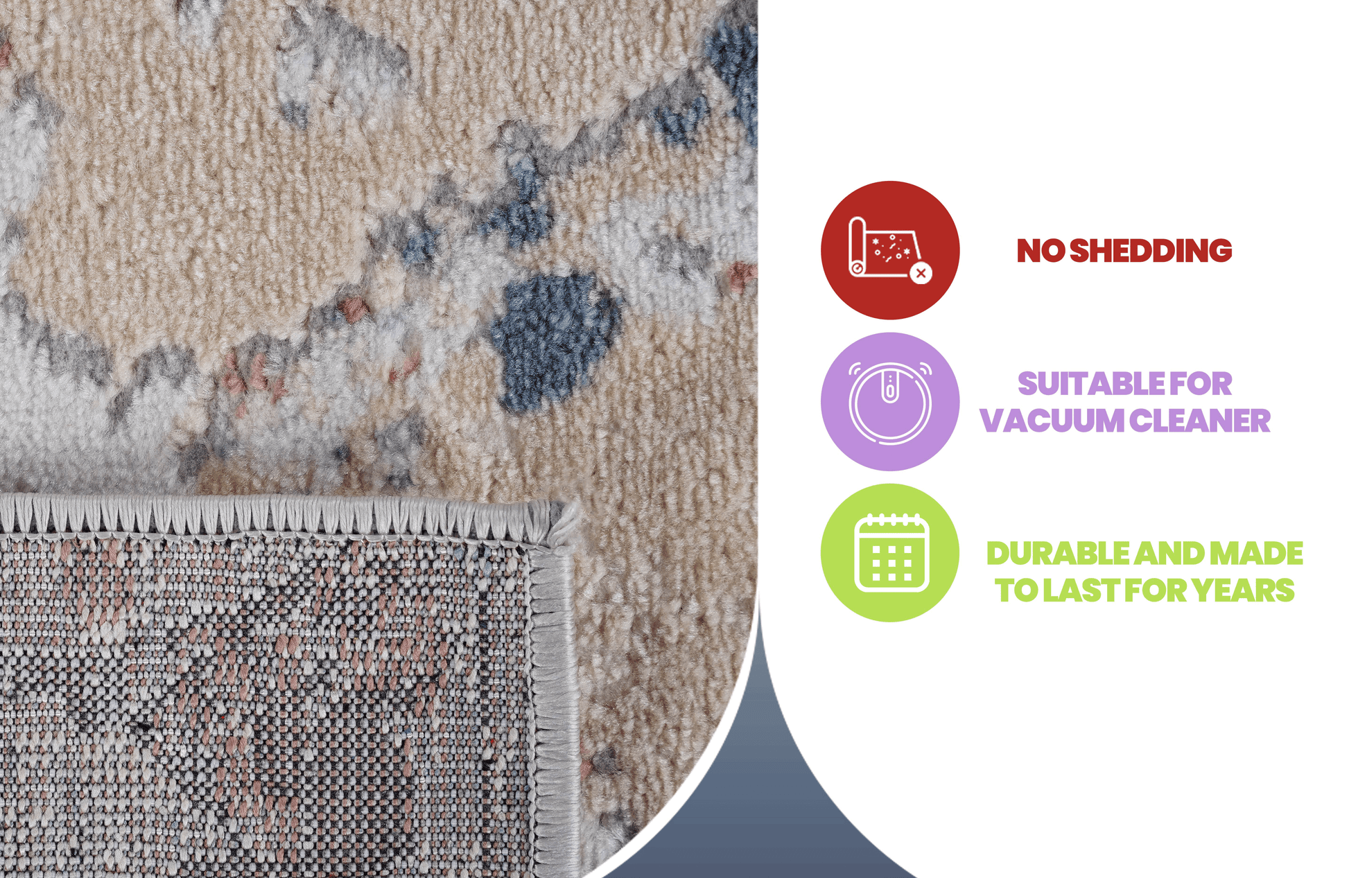 Closeup of a beige textured rug with subtle abstract blue and red accents