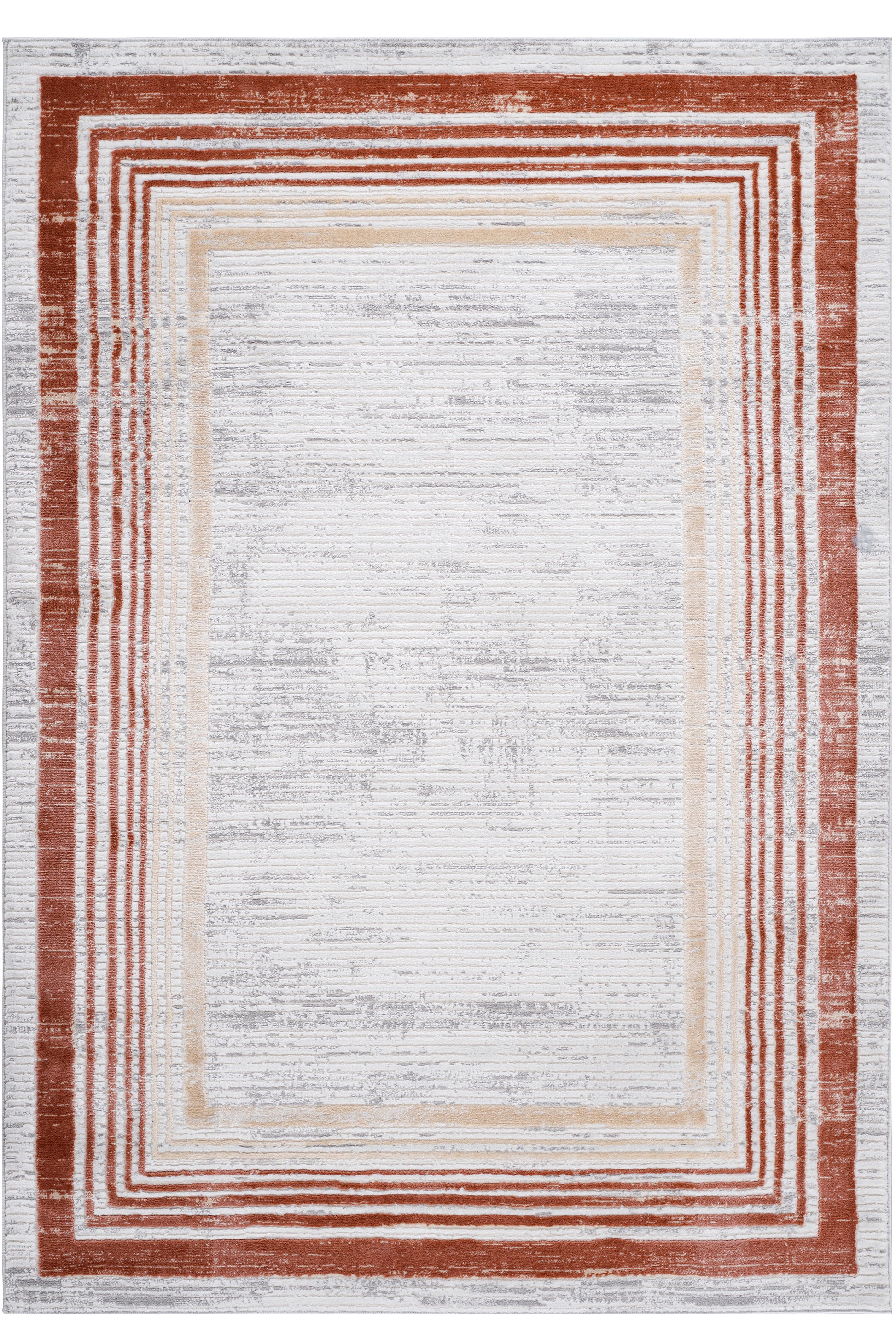 Modern abstract rug with concentric rectangular borders in rust and beige over a textured gray and white base