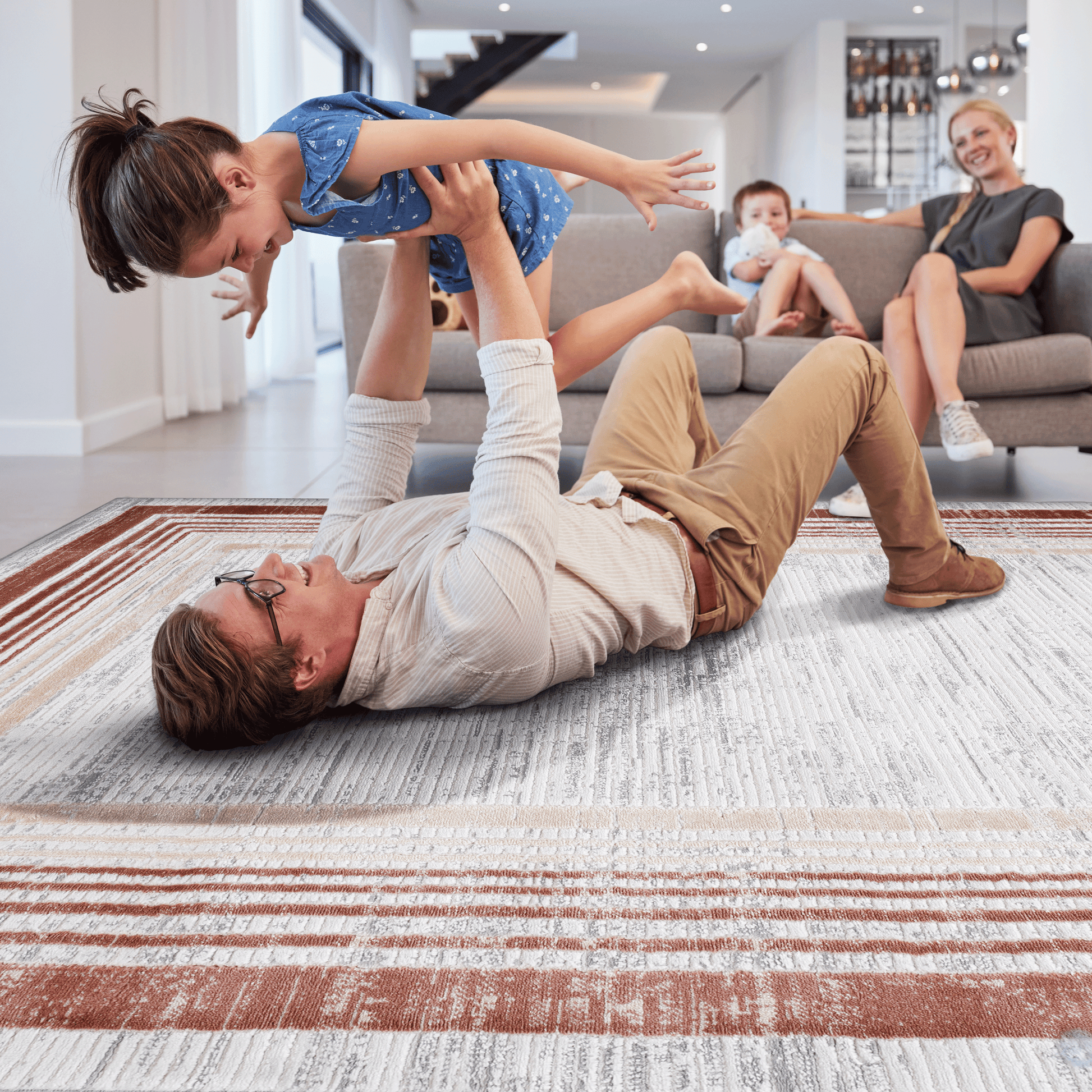 Striped accent rug in cream beige and rust with a textured finish