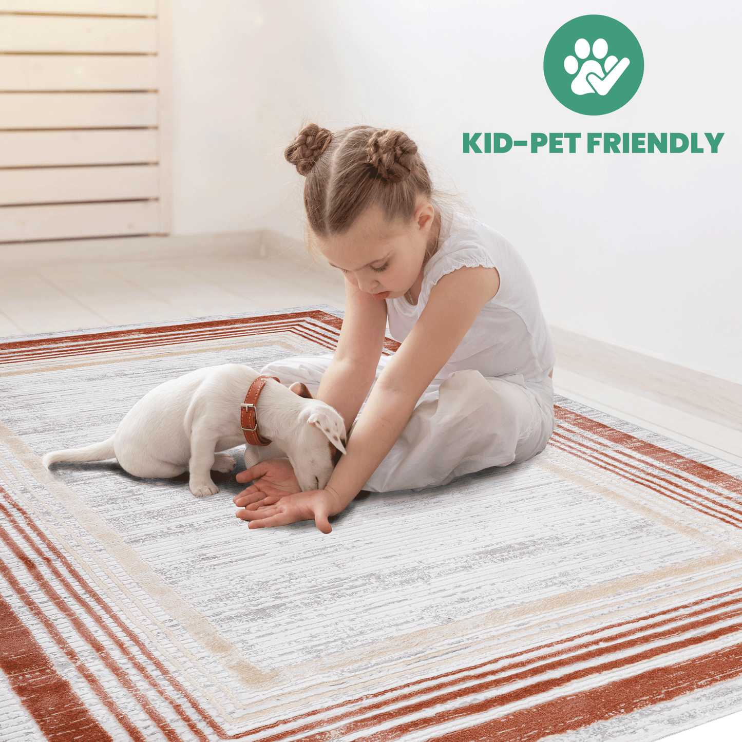 Modern abstract rug with terra cotta and beige stripes on a white background perfect for living rooms