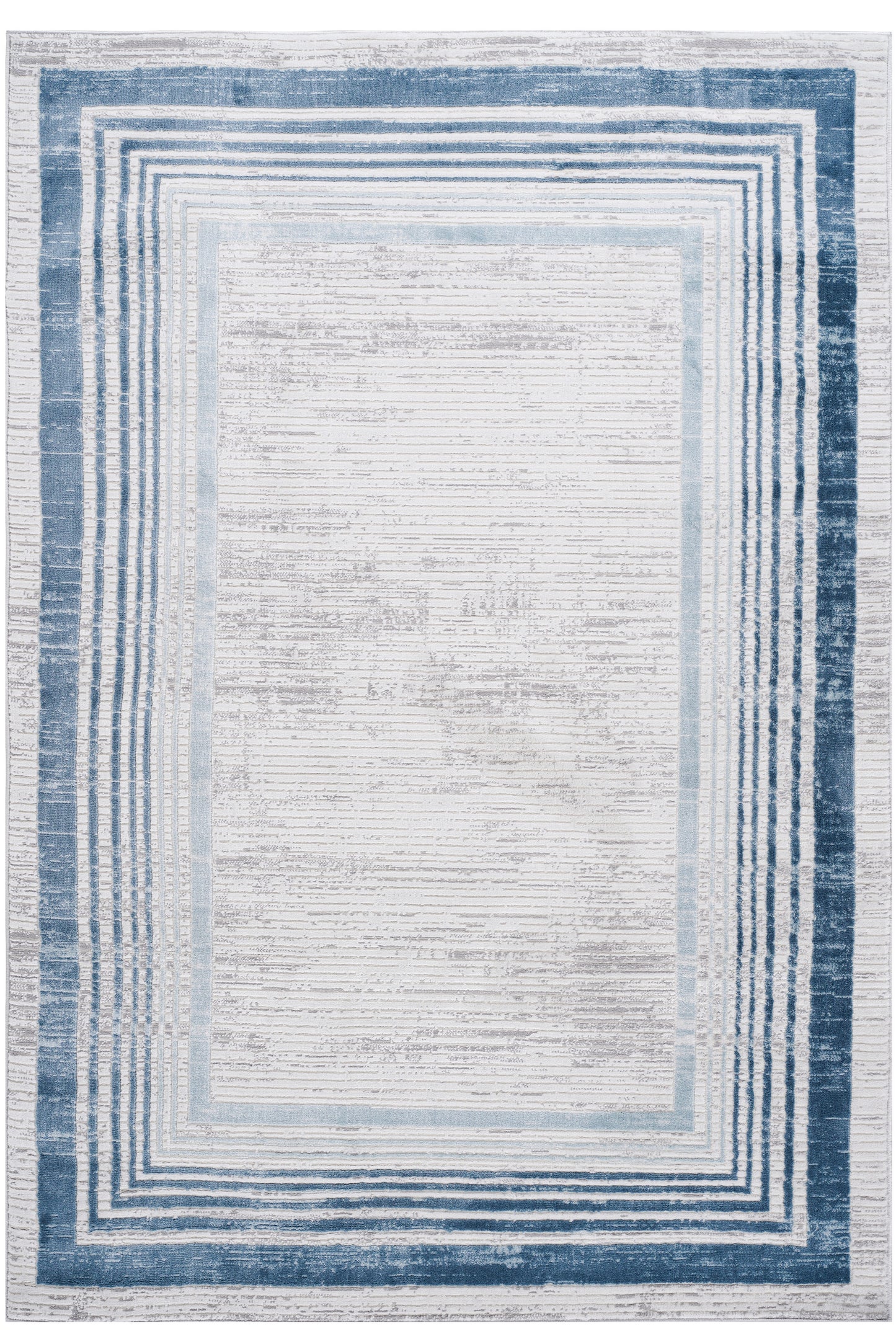 Modern area rug with textured blue and white geometric border adds sophistication