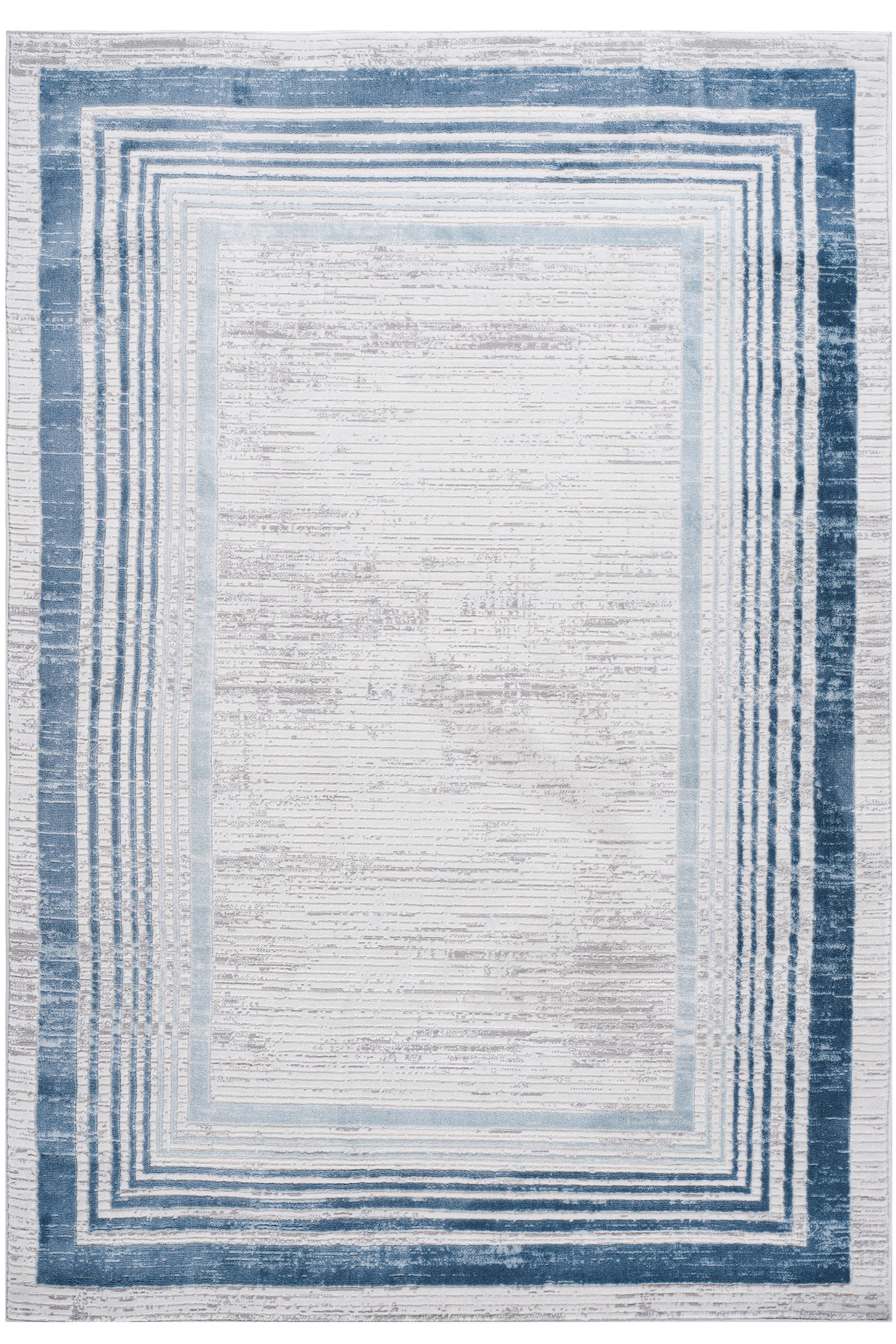 Modern area rug with textured blue and white geometric border adds sophistication