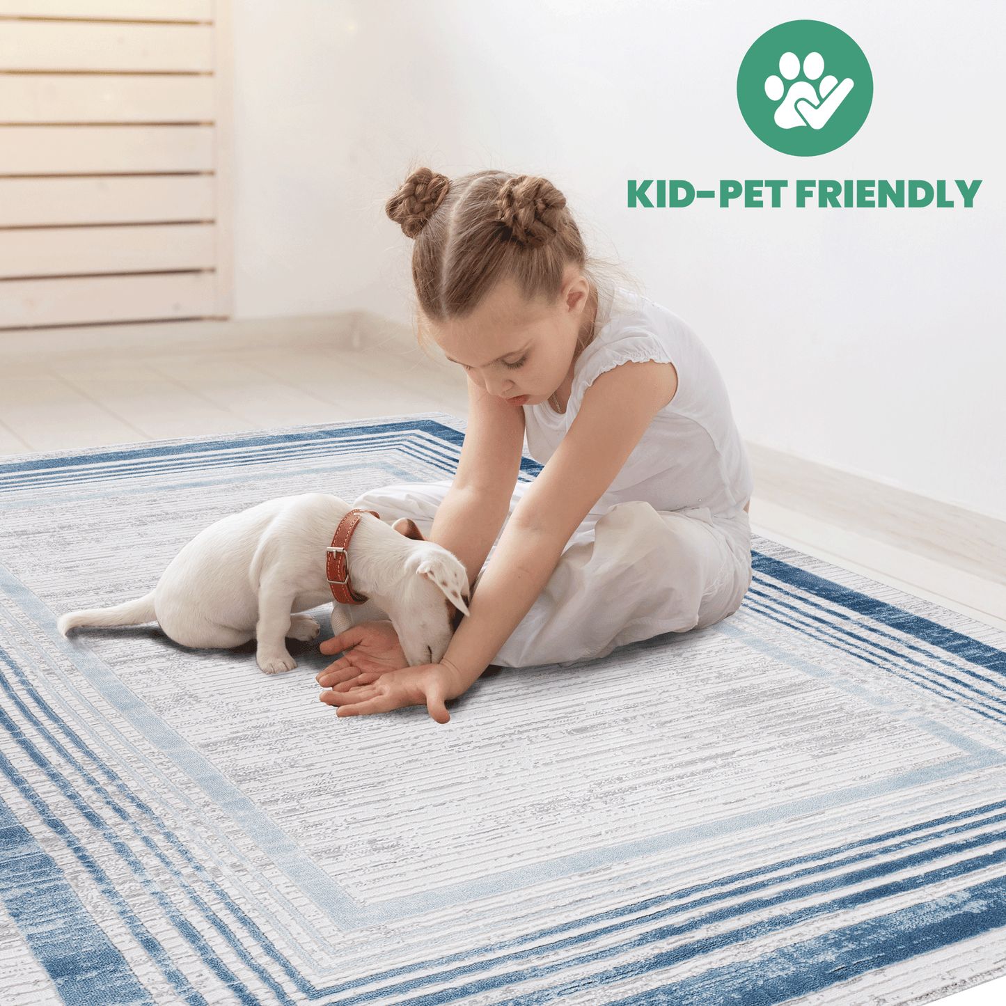 Blue striped area rug with textured pattern ideal for living rooms