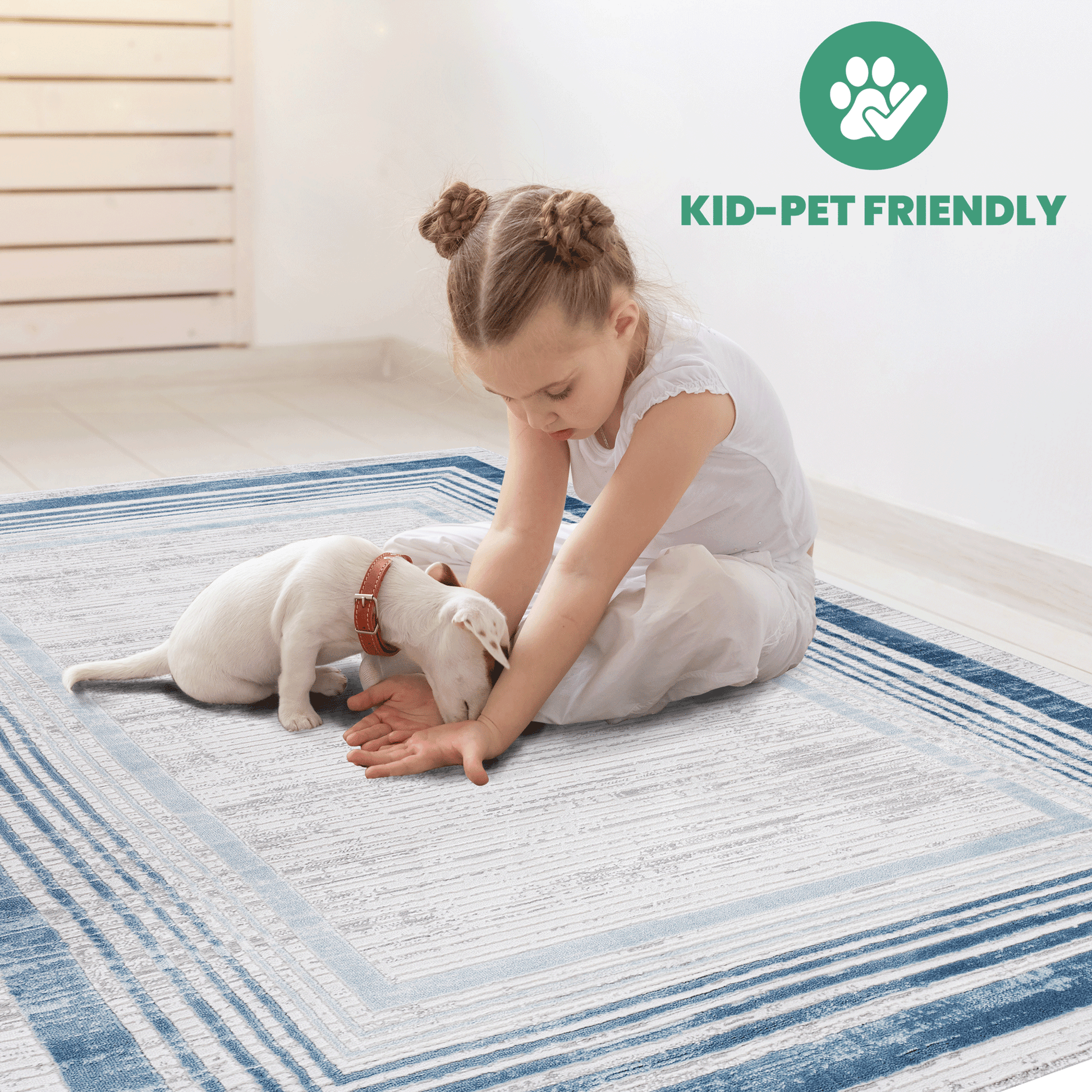 Blue striped area rug with textured pattern ideal for living rooms