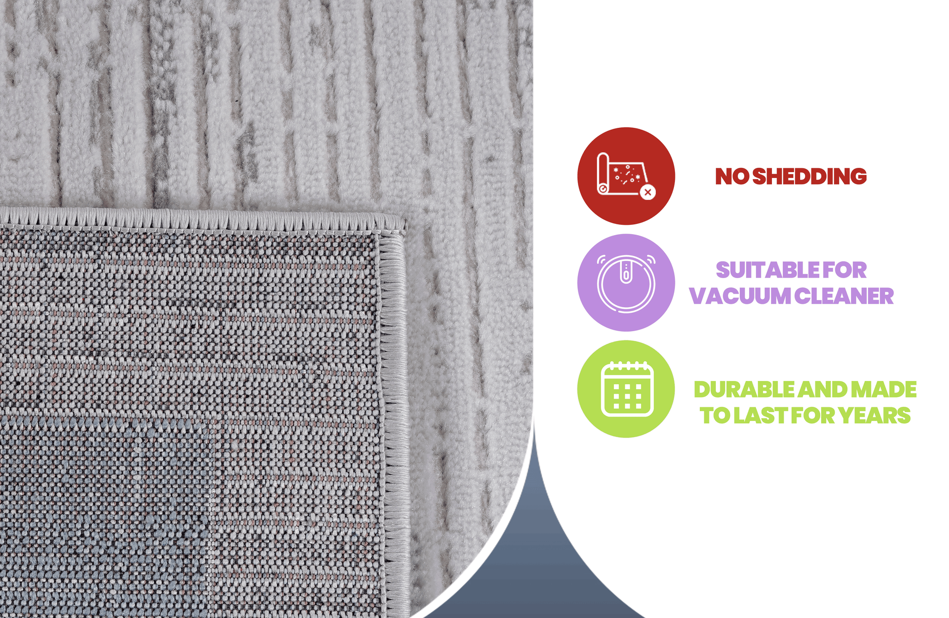 Closeup textured shot of a grey and white abstract patterned modern rug no shedding