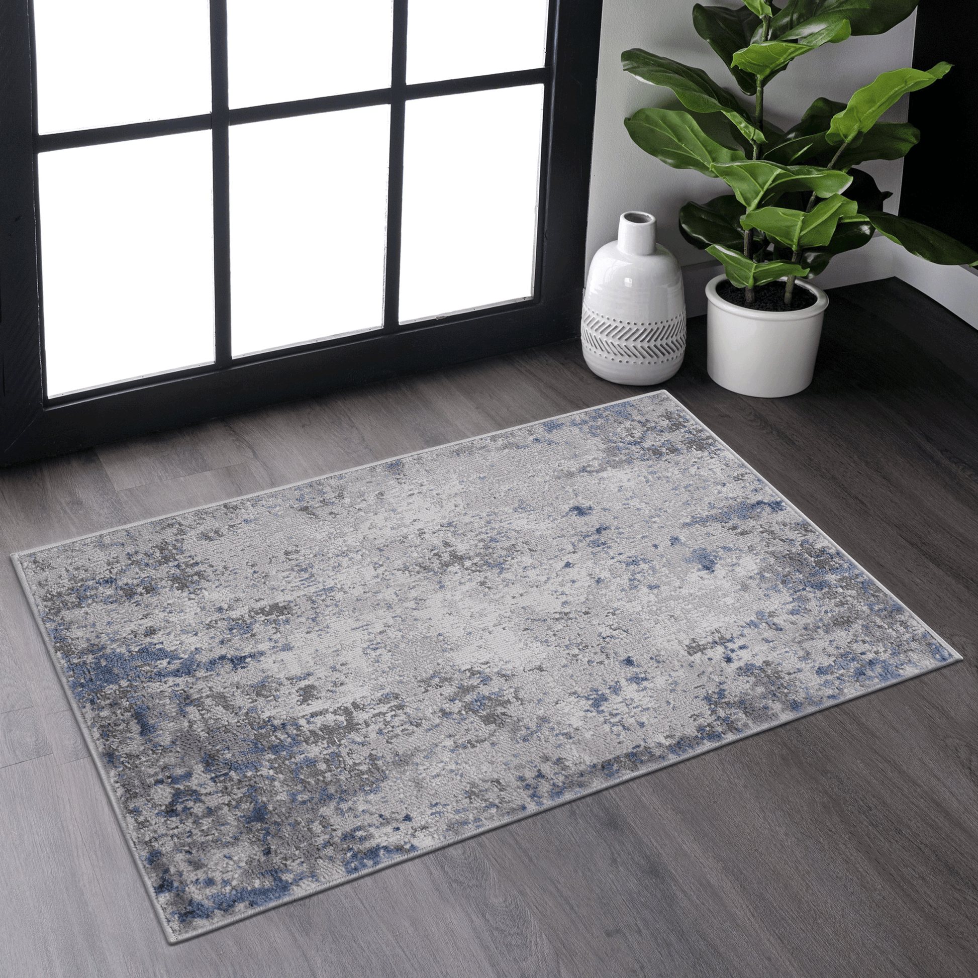 Abstract grey and blue area rug with distressed pattern modern home decor essential