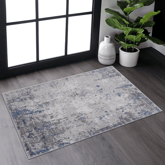 Abstract grey and blue area rug with distressed pattern modern home decor essential