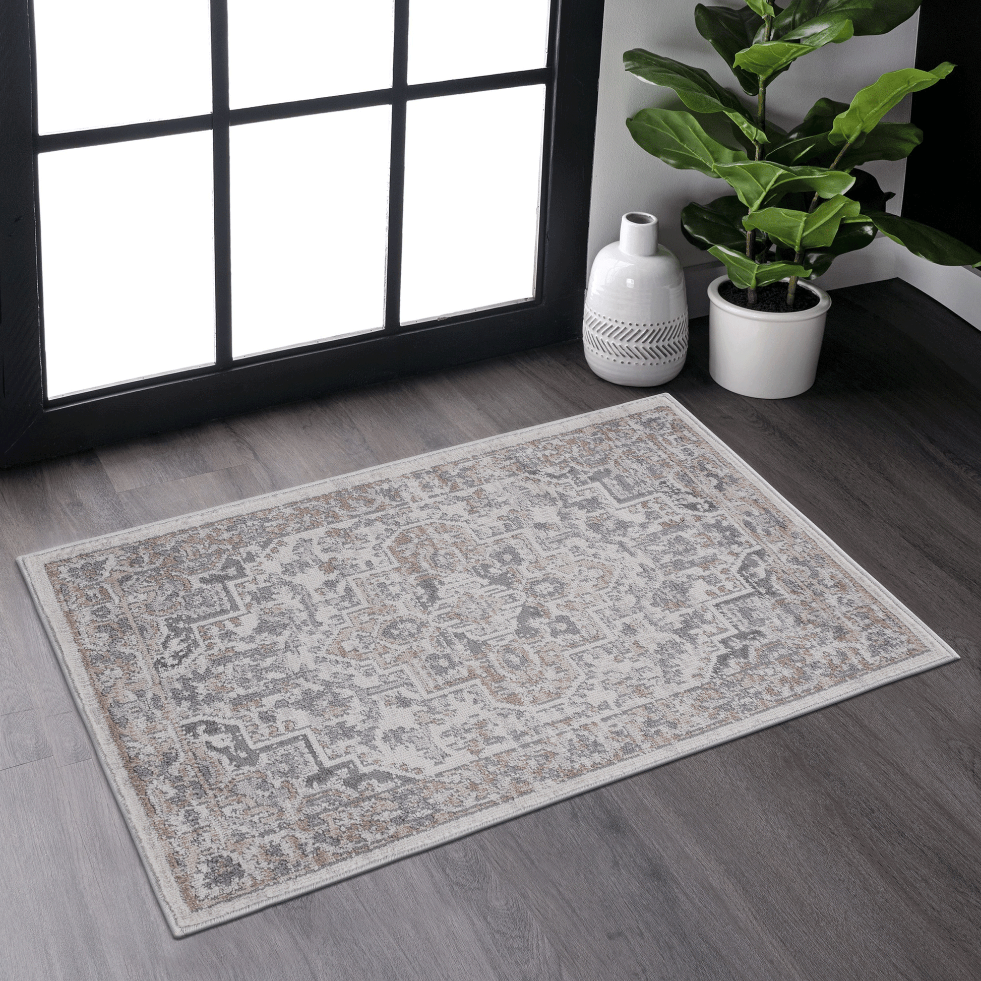 Distressed ivory and grey Persian rug with a classic damask pattern and subtle gold accents