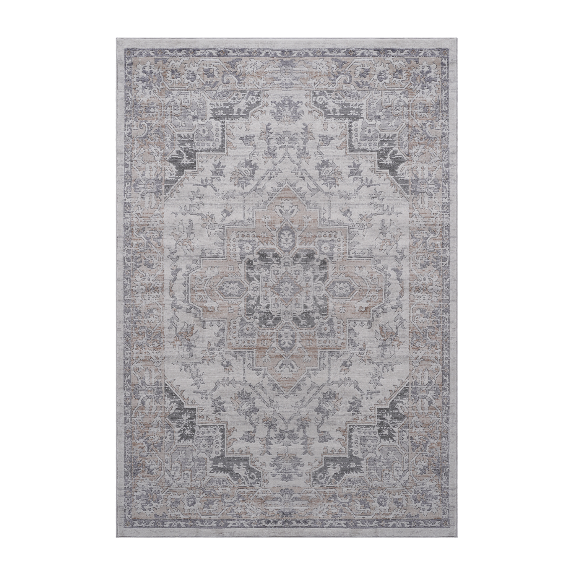 Gray and beige distressed Persian style rug with ornate floral motifs Suitable for living rooms