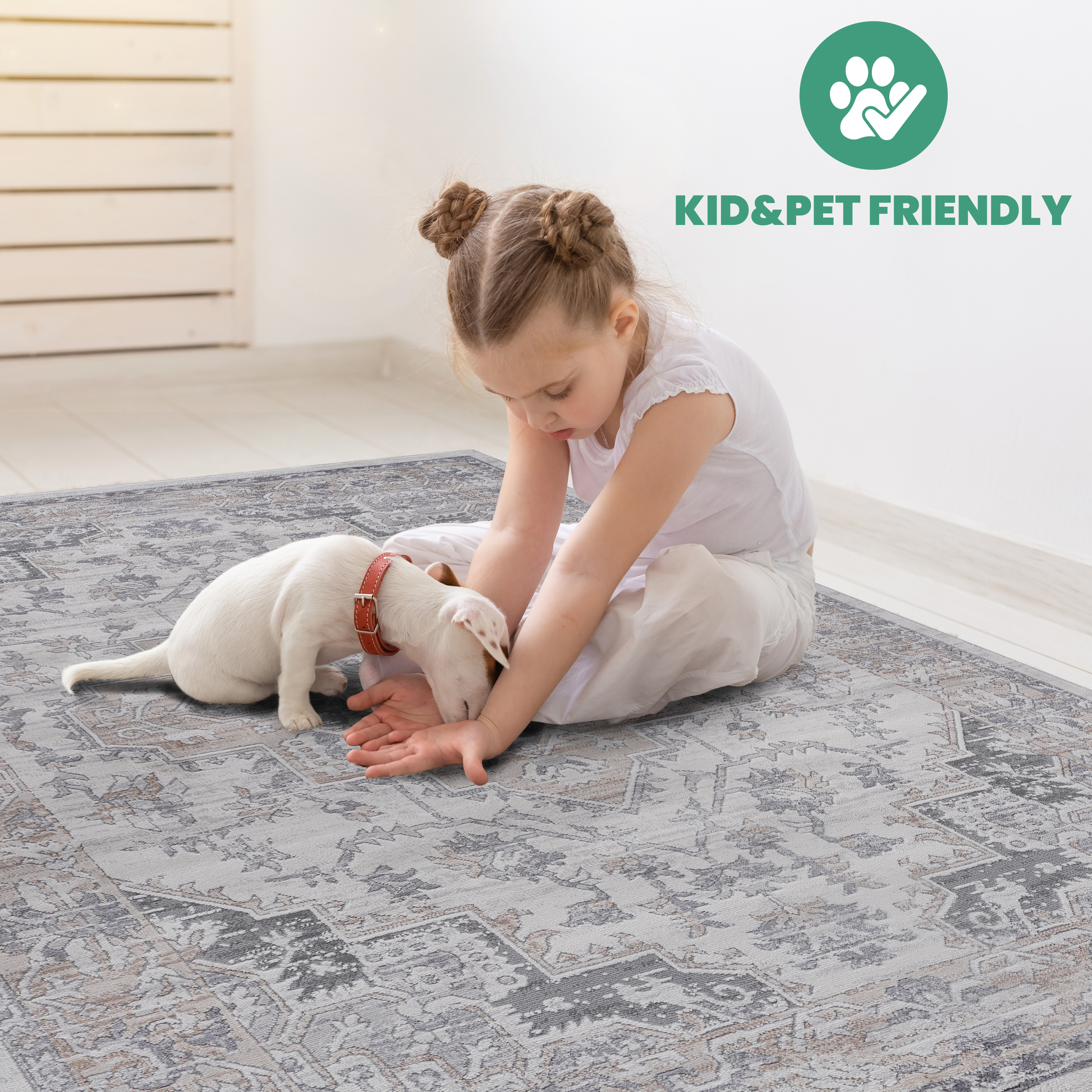 Soft gray Persianstyle area rug with intricate vintage pattern Kid and pet friendly