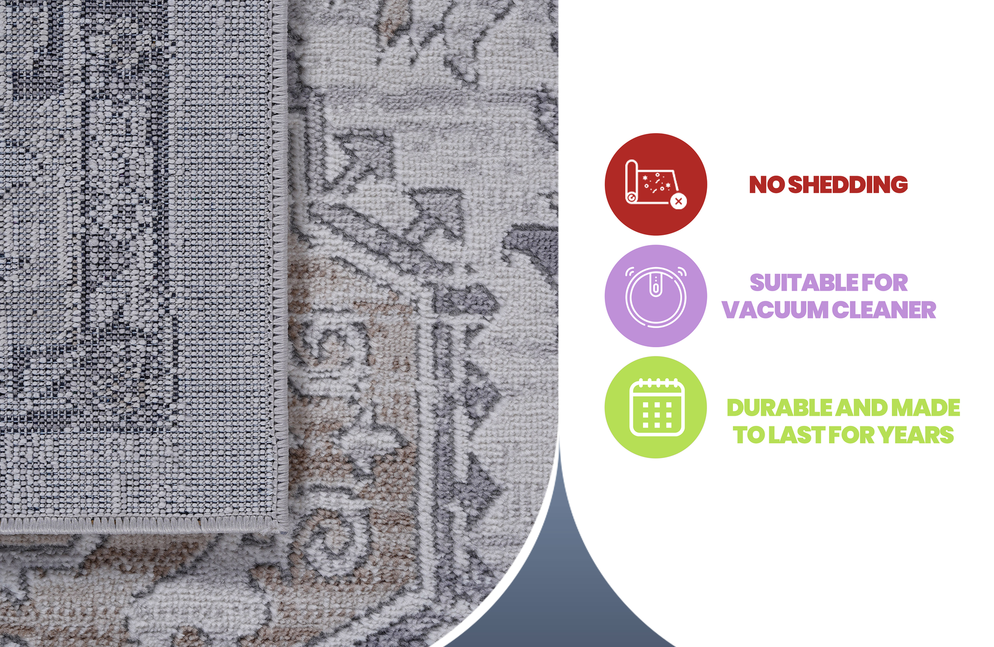 Closeup of a grey area rug with a subtle distressed pattern featuring a textured weave