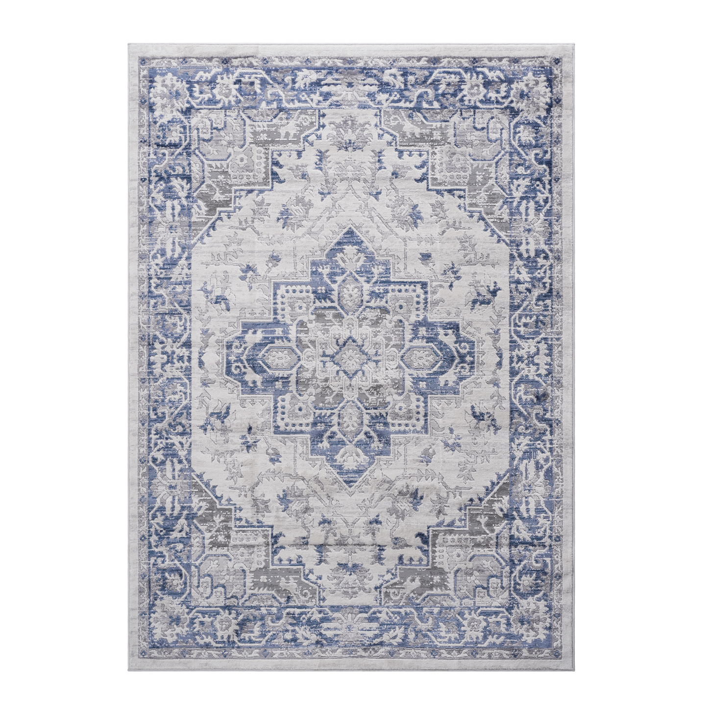 Gray and blue vintagestyle area rug with ornate Persianinspired pattern