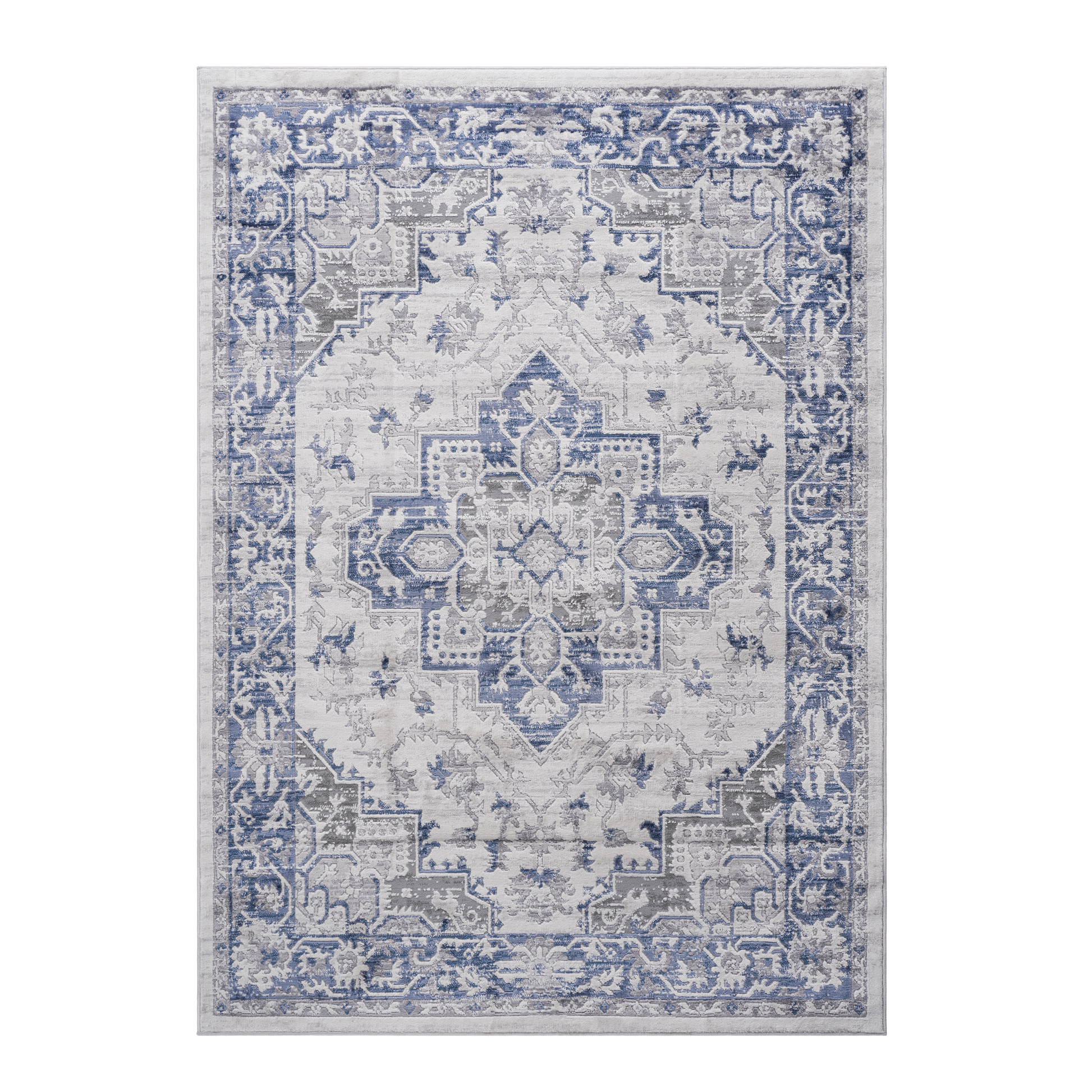 Gray and blue vintagestyle area rug with ornate Persianinspired pattern