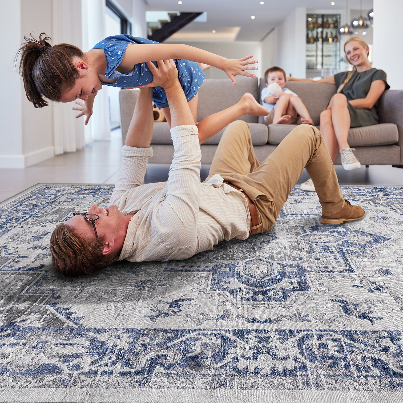 Blue and white vintage pattern rug with soft texture