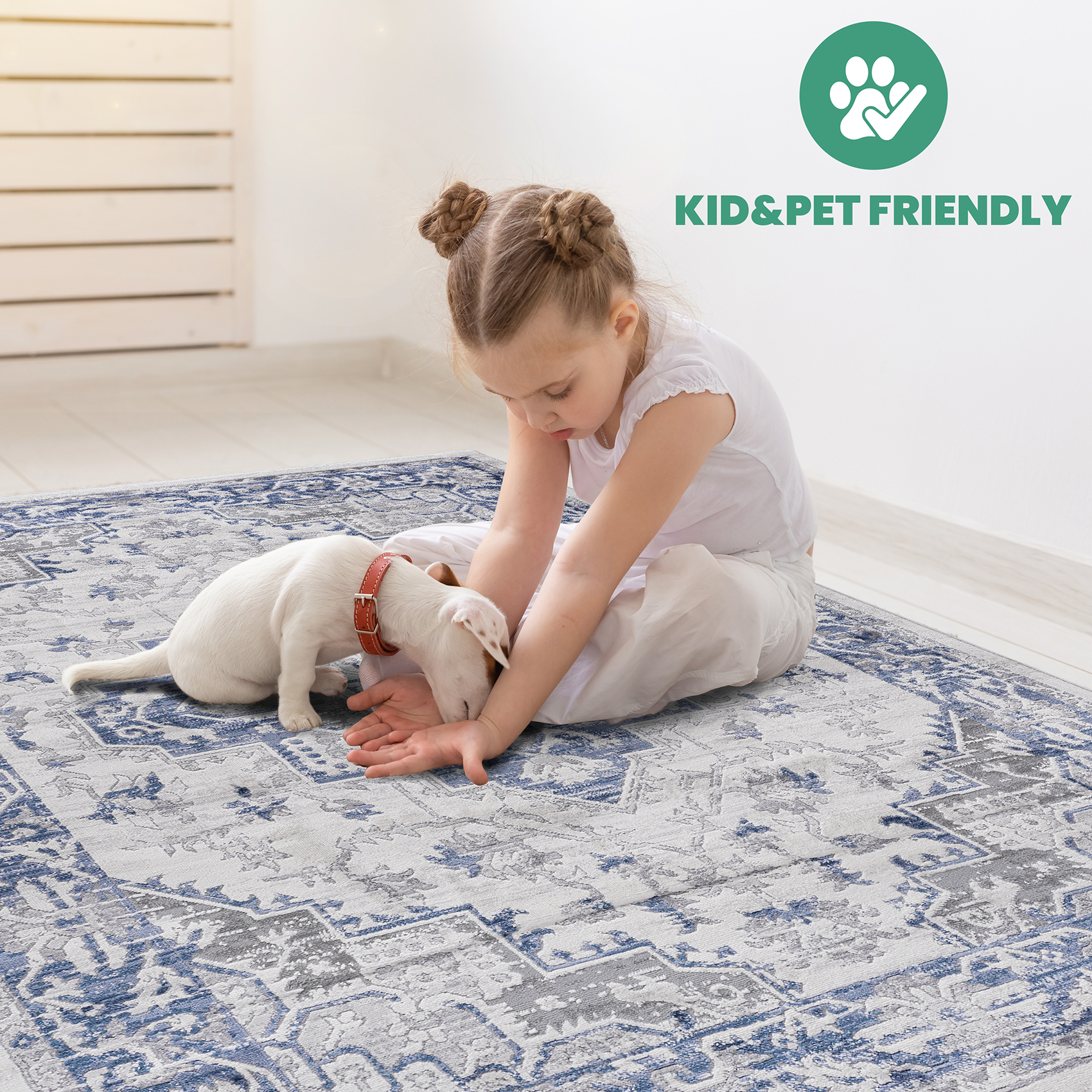 Blue and grey distressed Persian rug with intricate patterns perfect for a family room