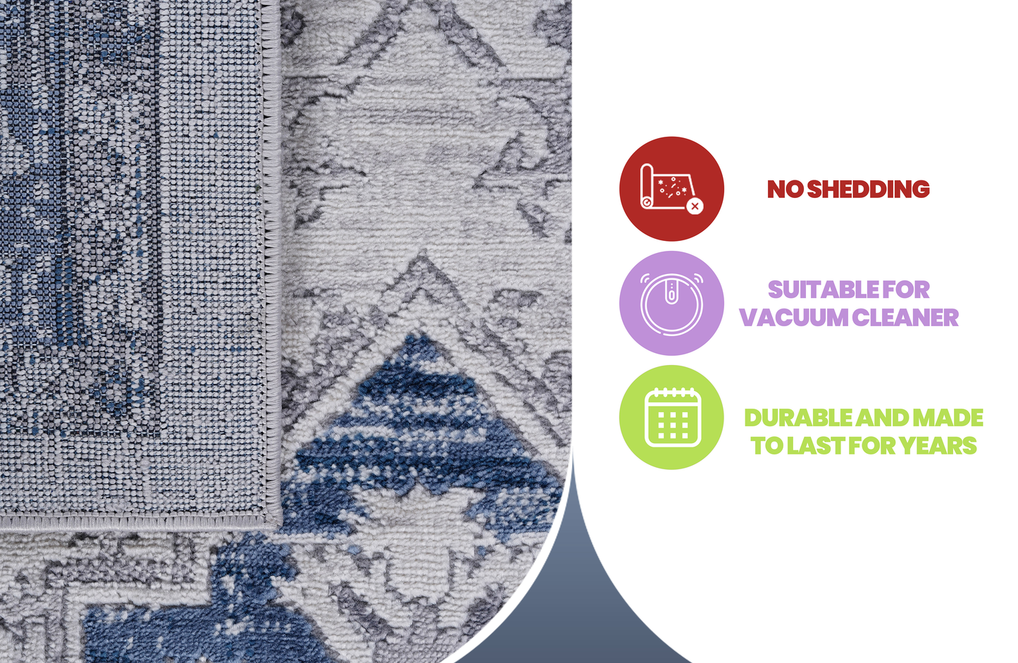 Closeup of a blue and grey abstract pattern plush rug soft texture