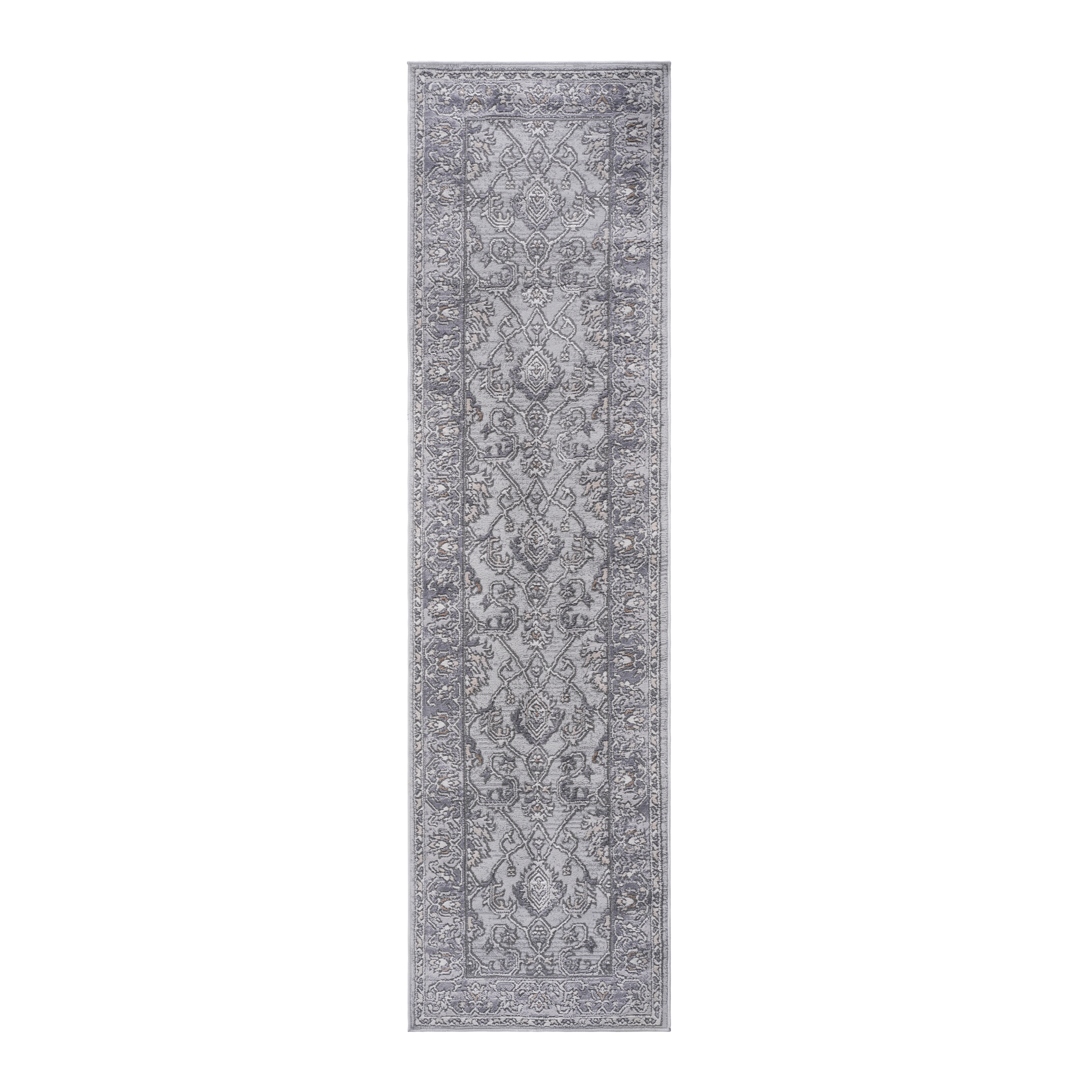 Soft grey Oriental runner rug with intricate damask pattern and frayed edges