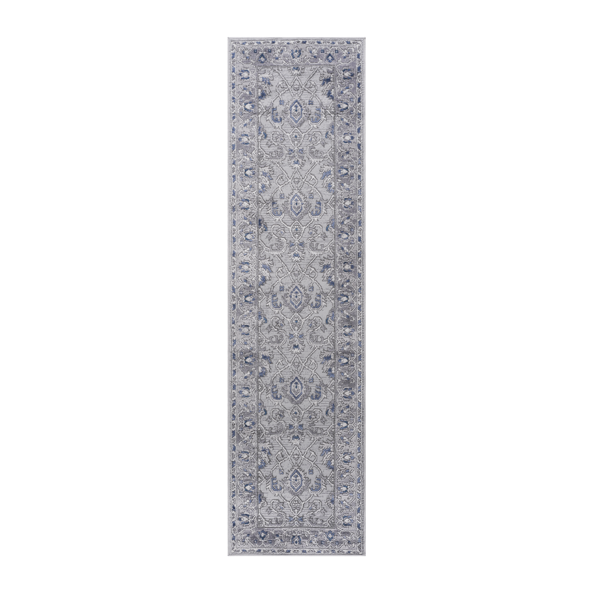 Traditional grey runner rug with intricate blue and white damask pattern