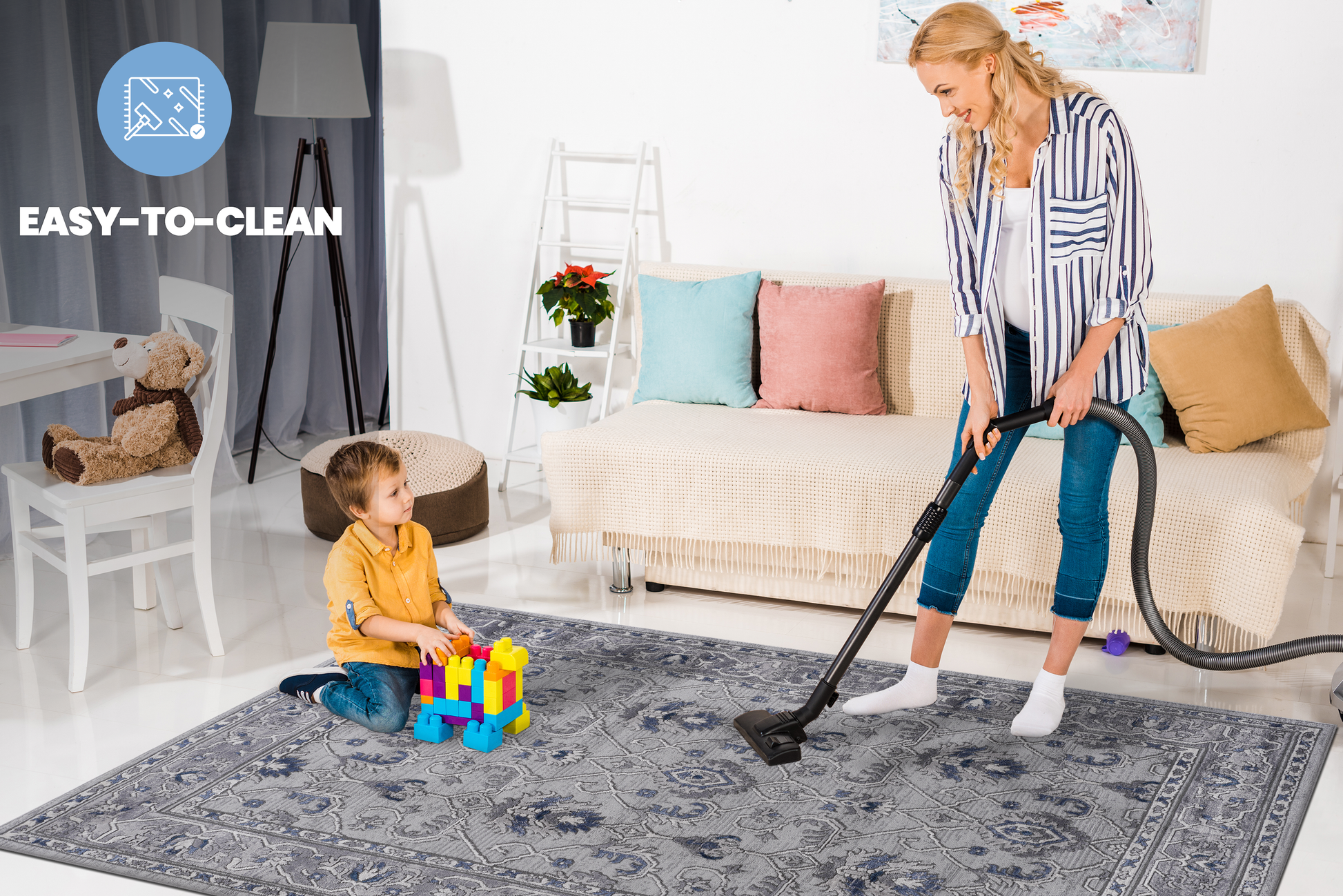 Elegant grey rug with intricate blue floral damask pattern perfect for living rooms