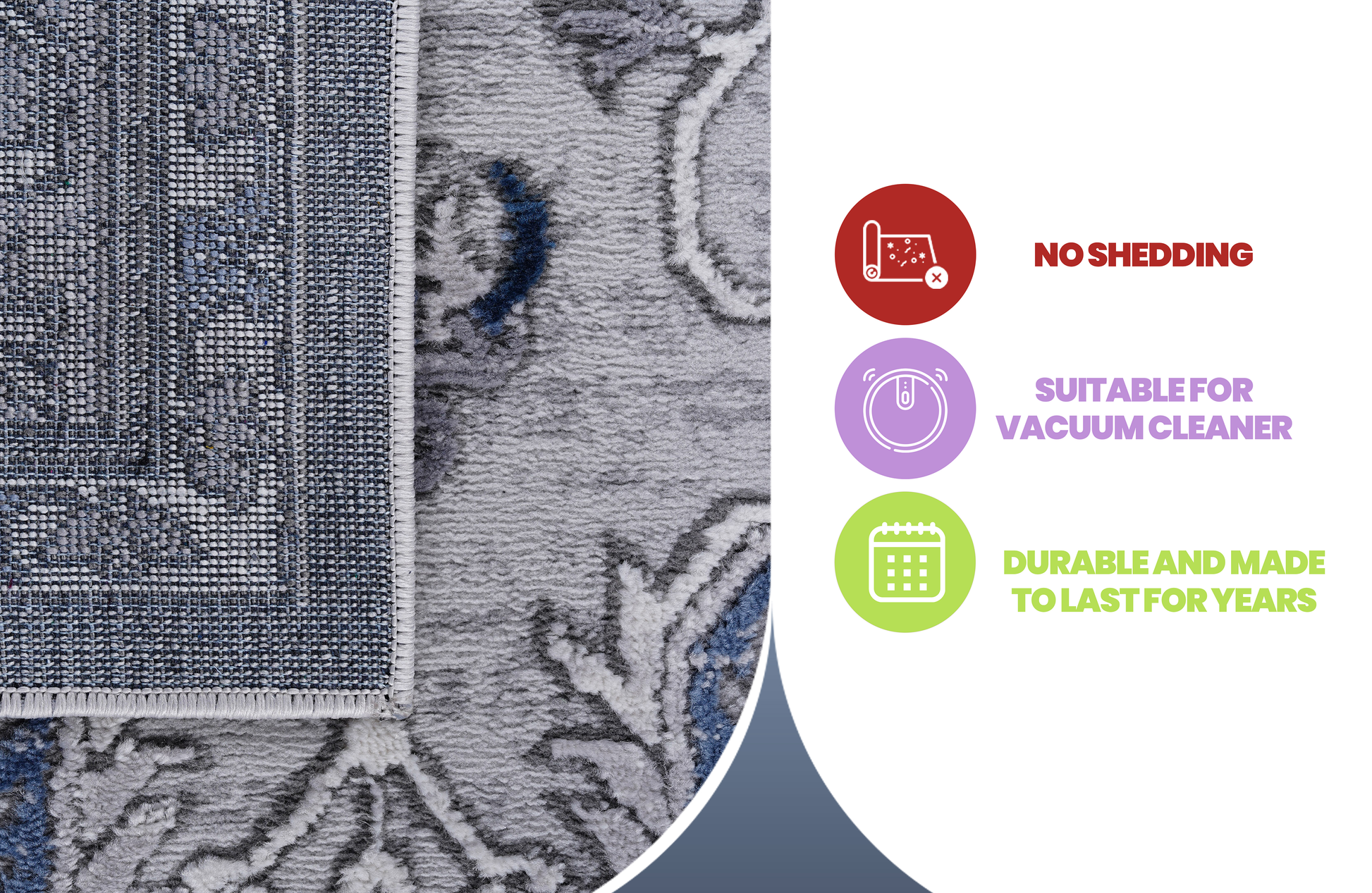Closeup of a grey and blue patterned rug with a plush texture and woven backing
