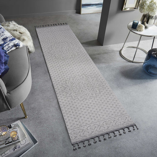 Gray geometric pattern runner rug with tassels perfect for hallways