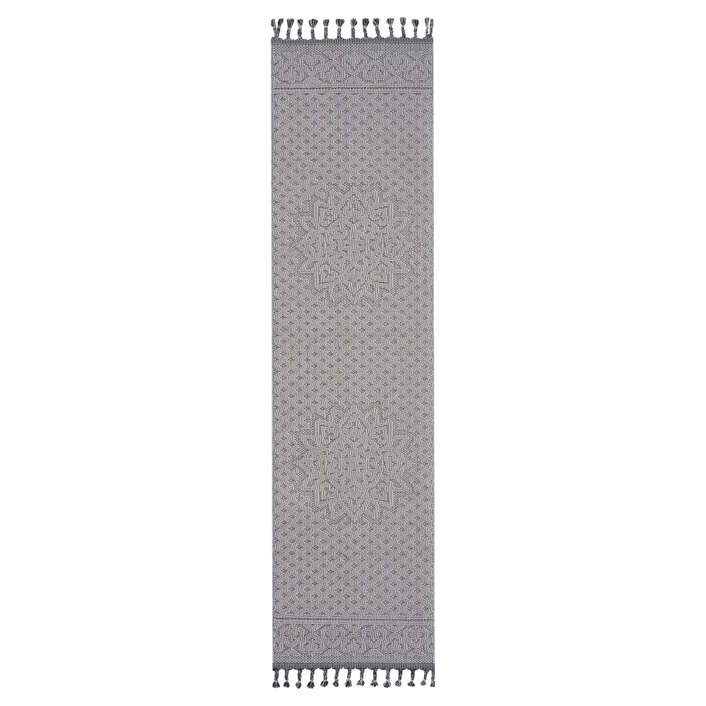 Gray geometric patterned runner rug with tassels