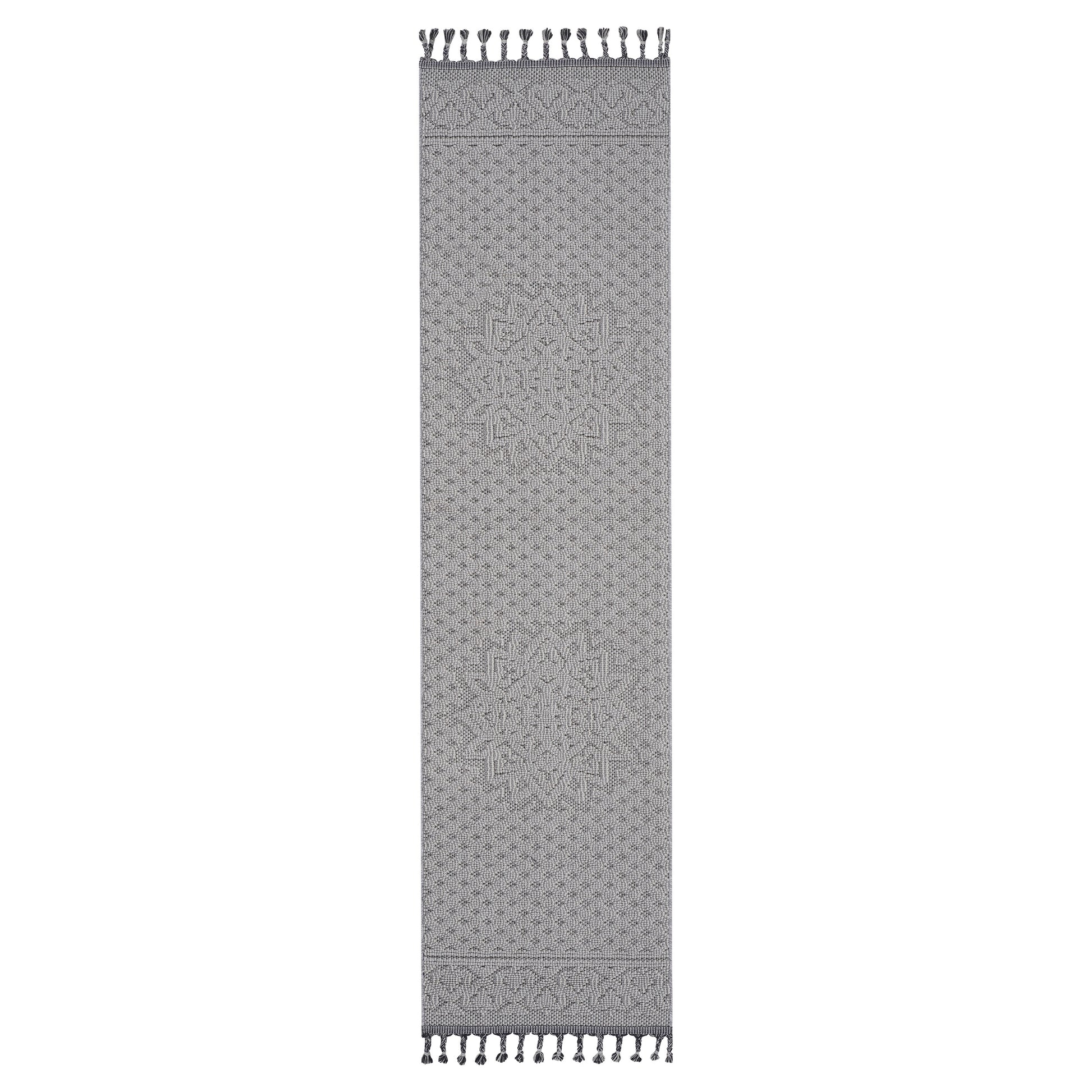 Gray geometric patterned runner rug with tassels