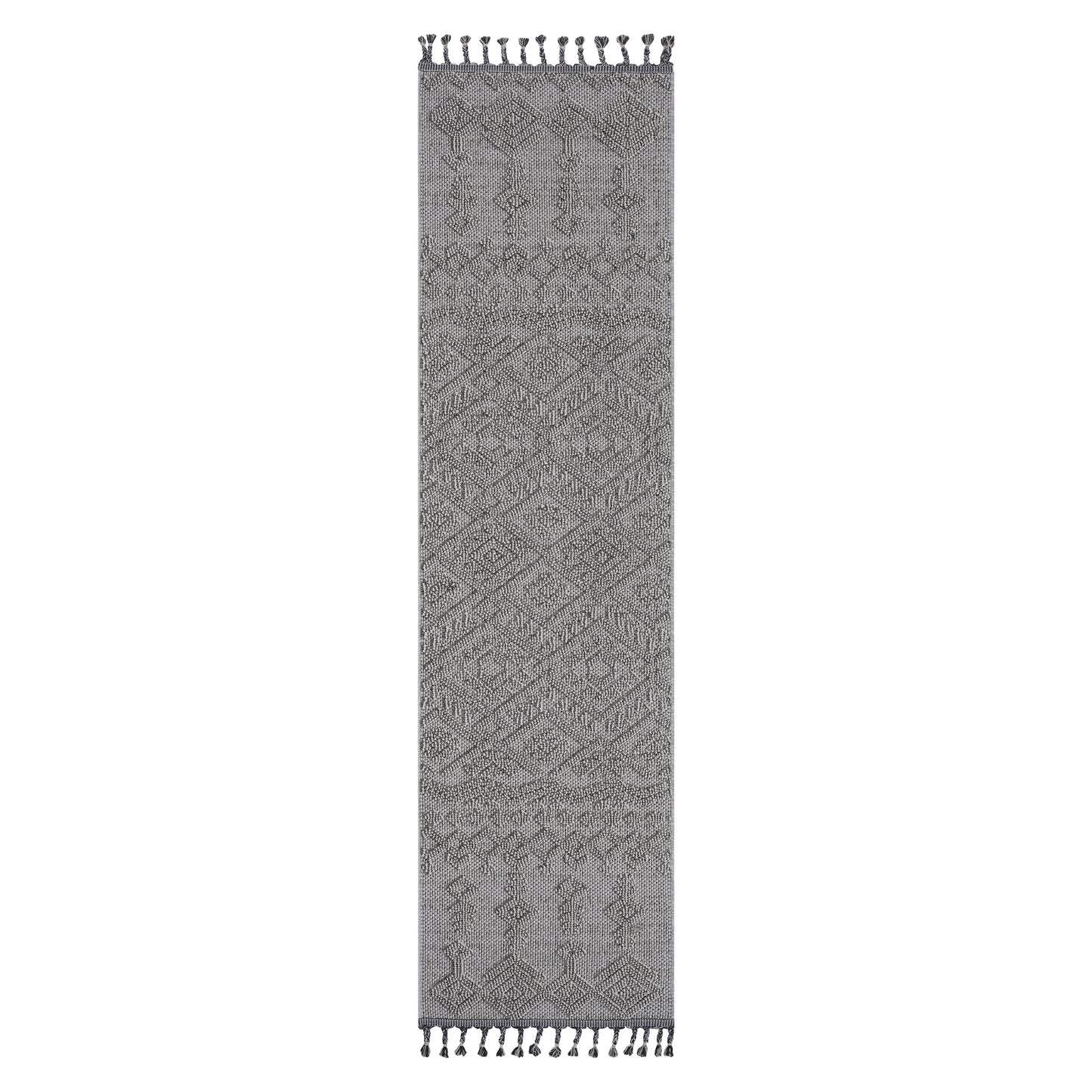Gray diamond pattern runner rug with braided tassels