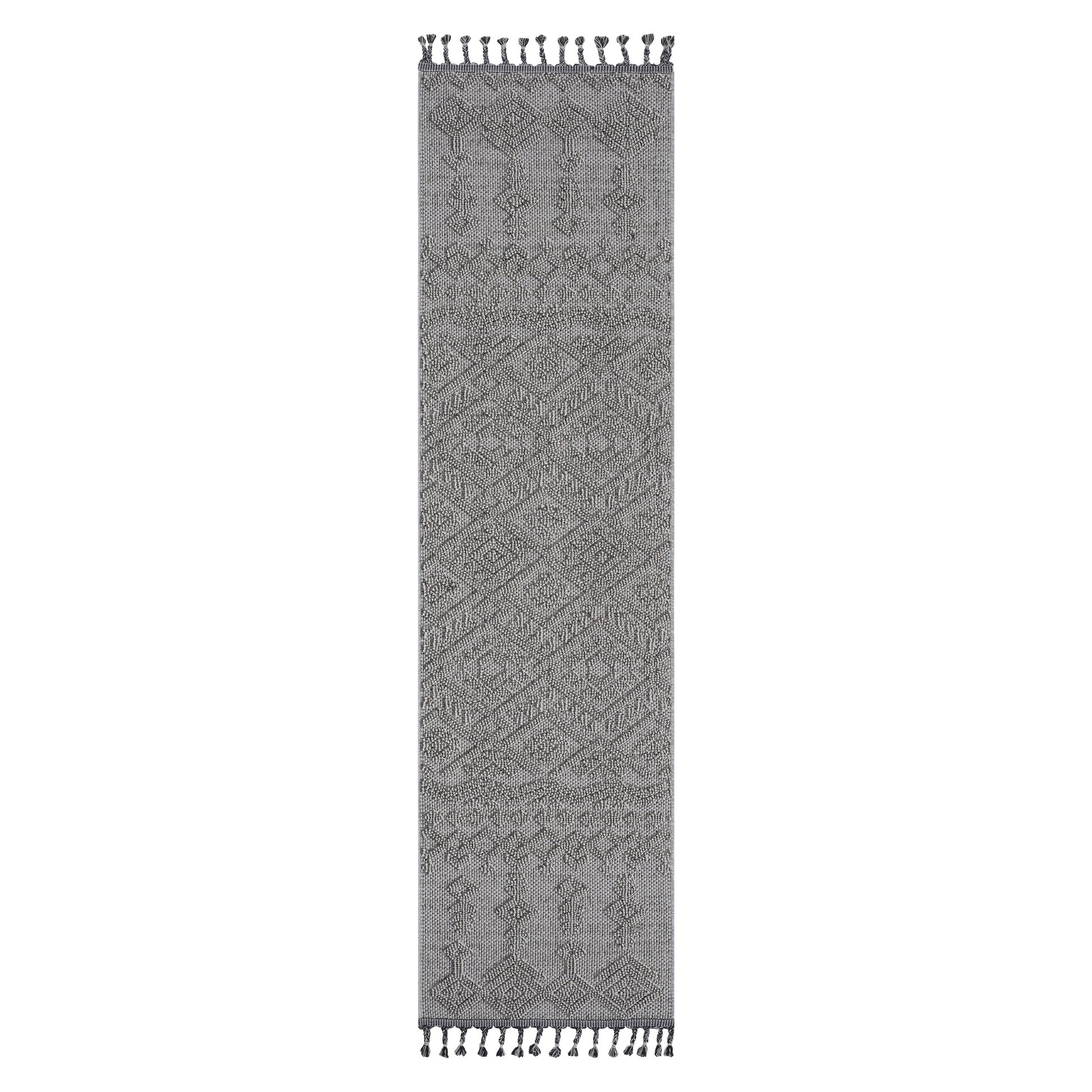 Gray diamond pattern runner rug with braided tassels