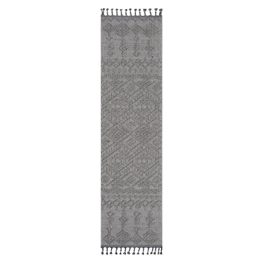 Gray diamond pattern runner rug with braided tassels