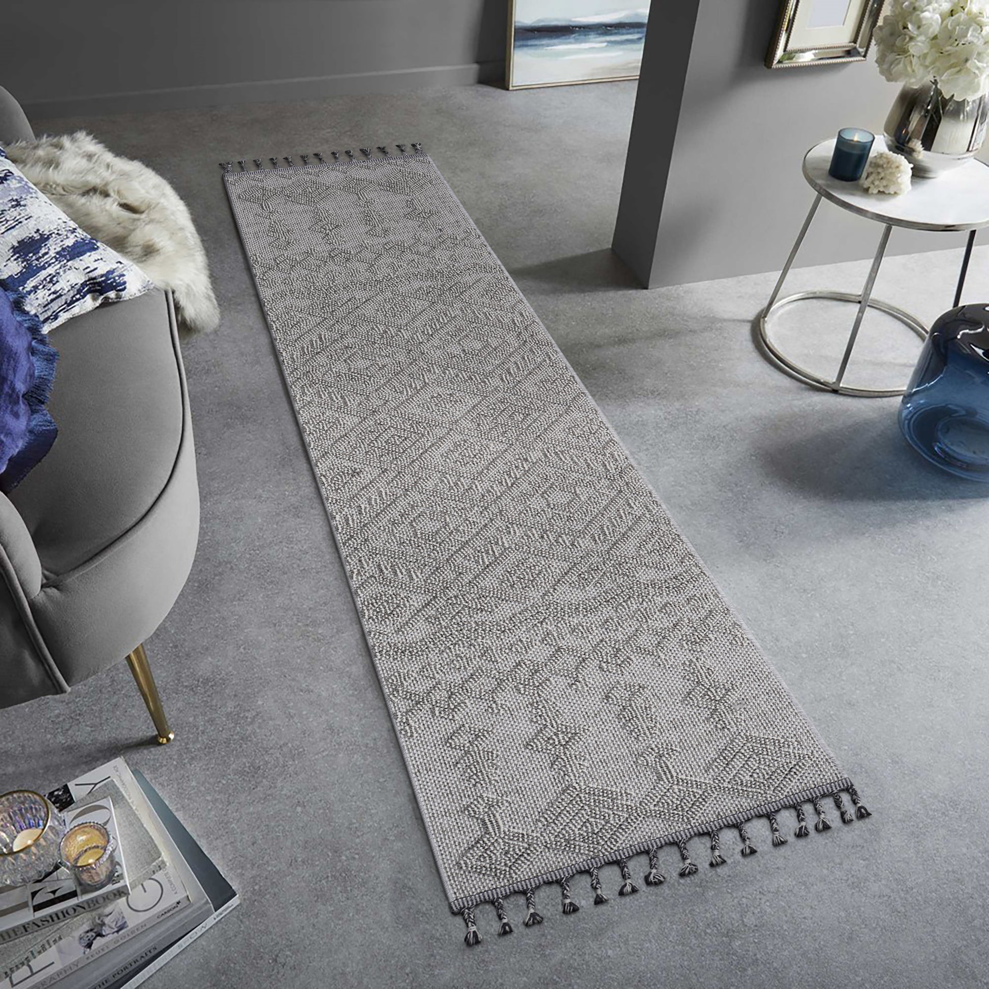 Gray geometric patterned runner rug with tassels
