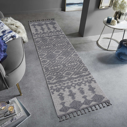 Gray geometric patterned runner rug with tassels for entryway or hallway decor