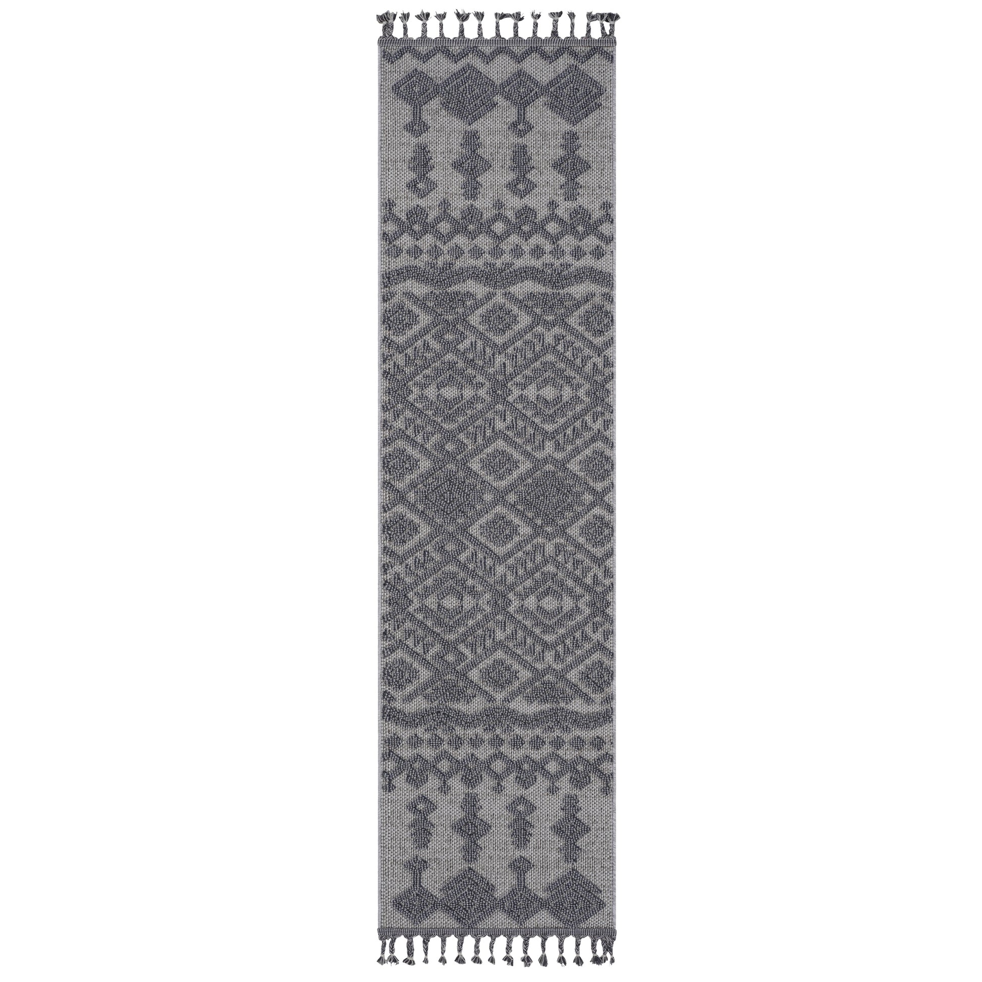 Grey geometric patterned outdoor rug with braided tassels on ends