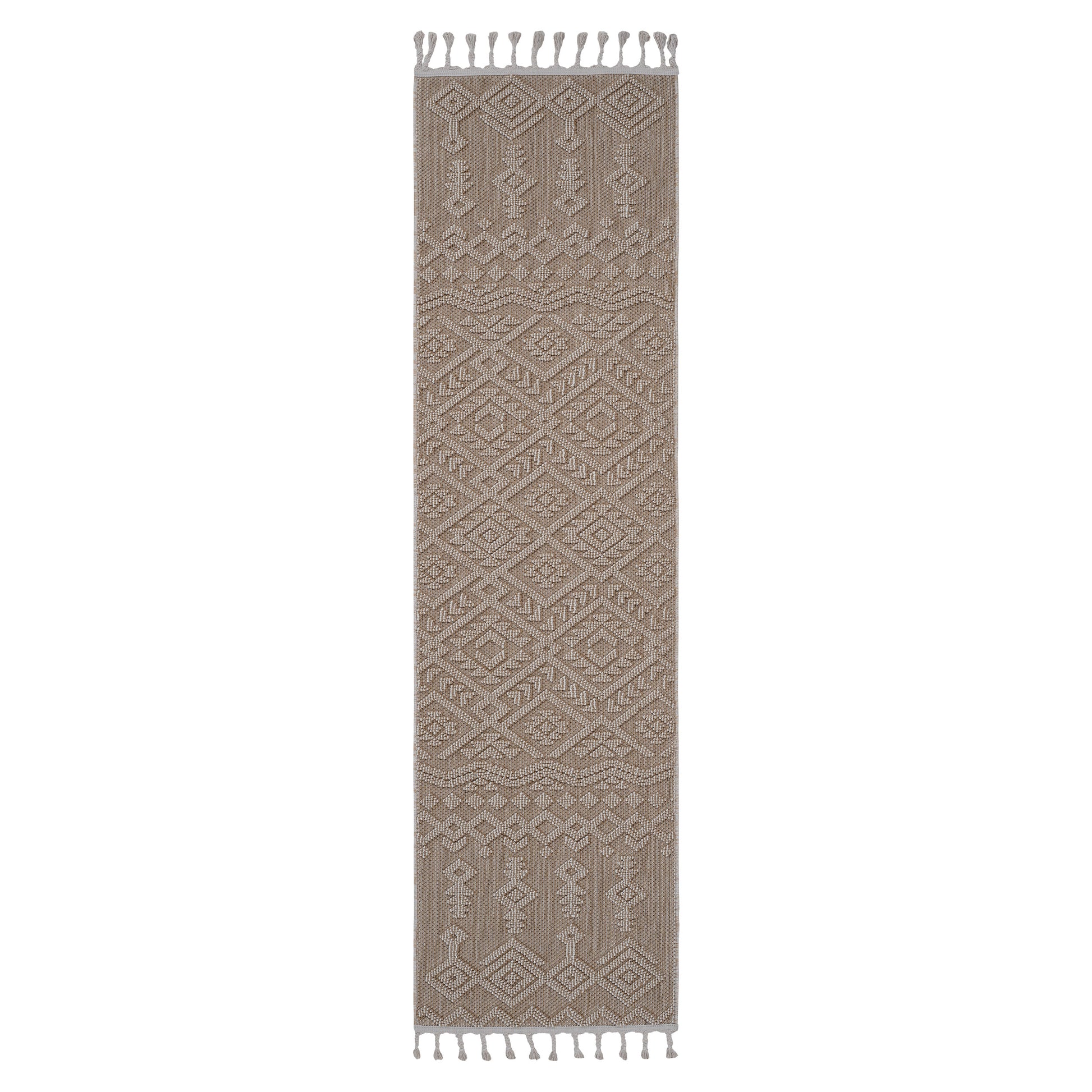 Textured neutral runner rug with geometric diamond pattern and tassels