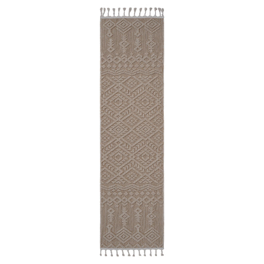 Textured neutral runner rug with geometric diamond pattern and tassels