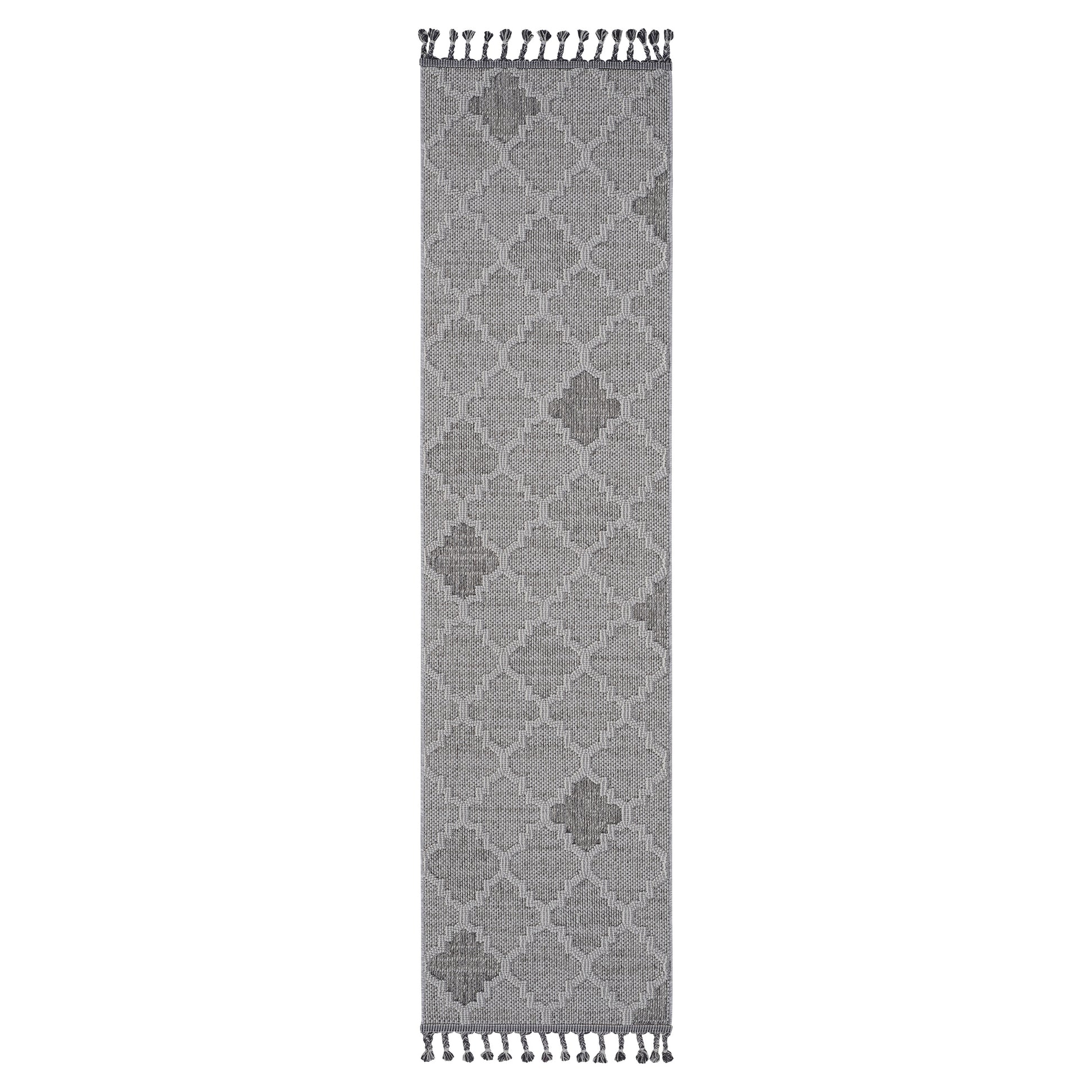 Grey Moroccanstyle runner rug with tassels perfect for hallways
