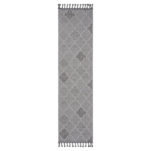 Grey Moroccanstyle runner rug with tassels perfect for hallways